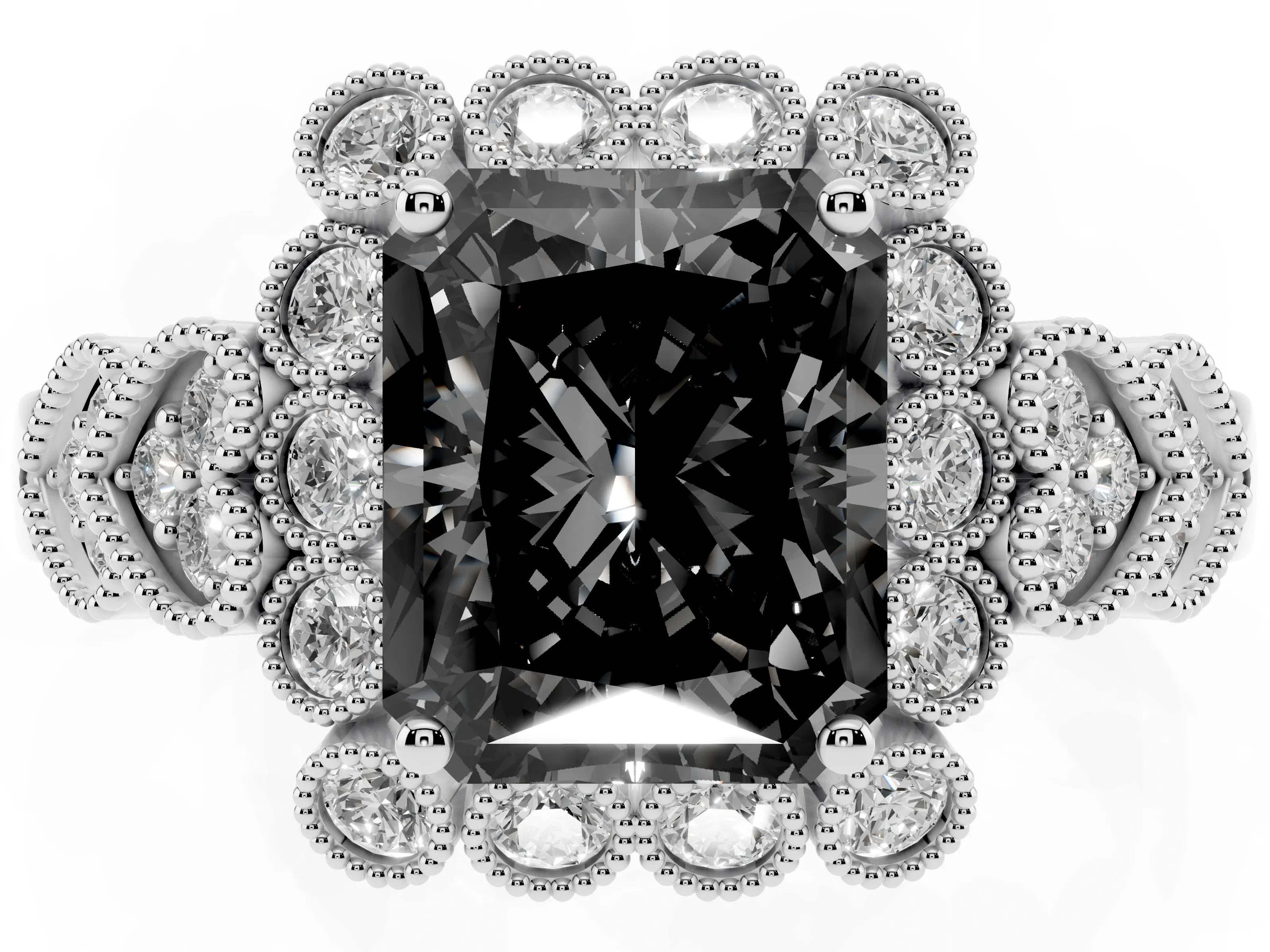 Fancy Black Radiant Cut Diamond Solitaire Ring Set in White gold with Milgrain Pavé Heart Band