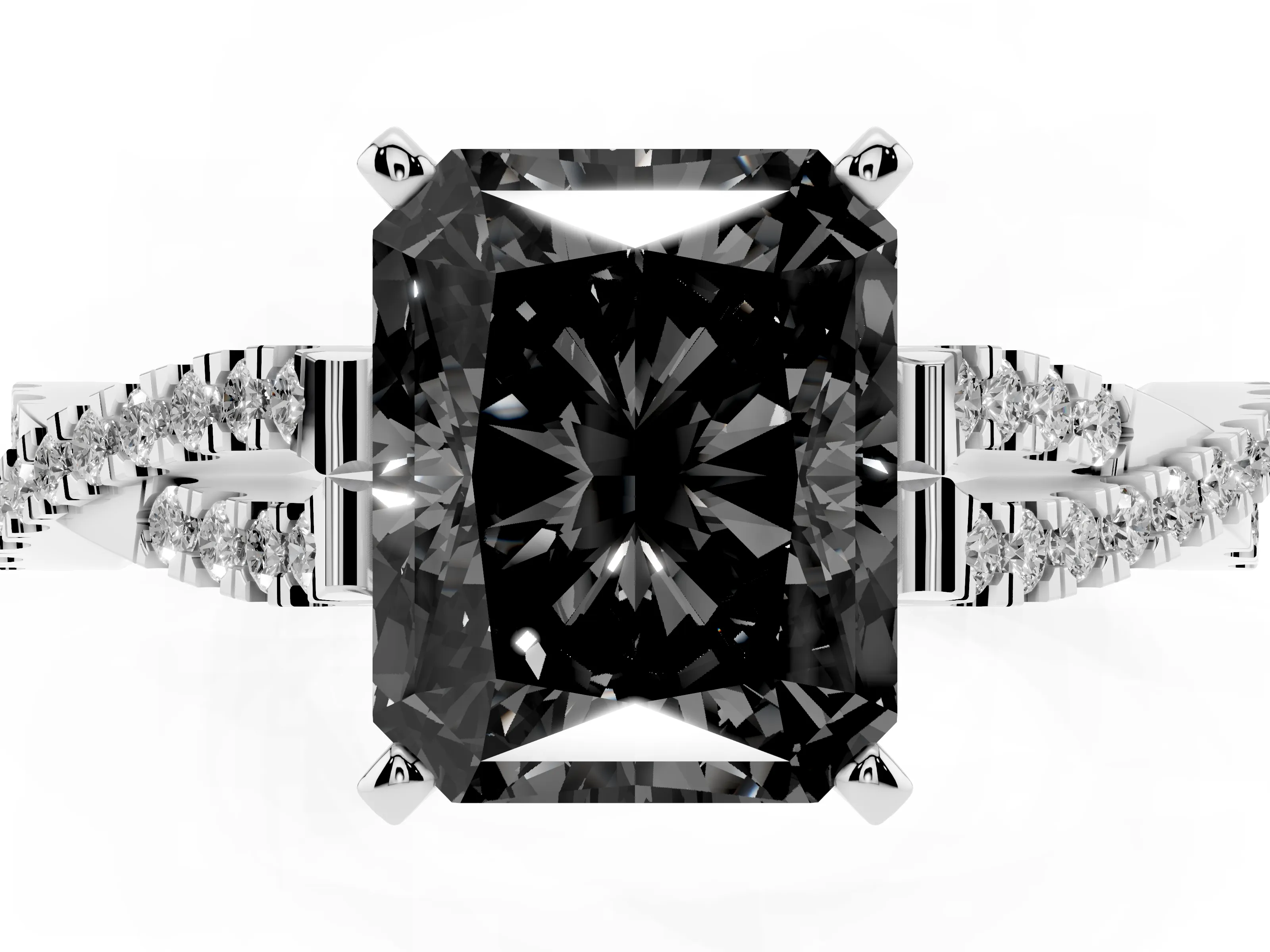 Fancy Black Radiant Cut Diamond Solitaire Engagement Ring Set in White gold with Twisted Pavé Band and Prong Setting