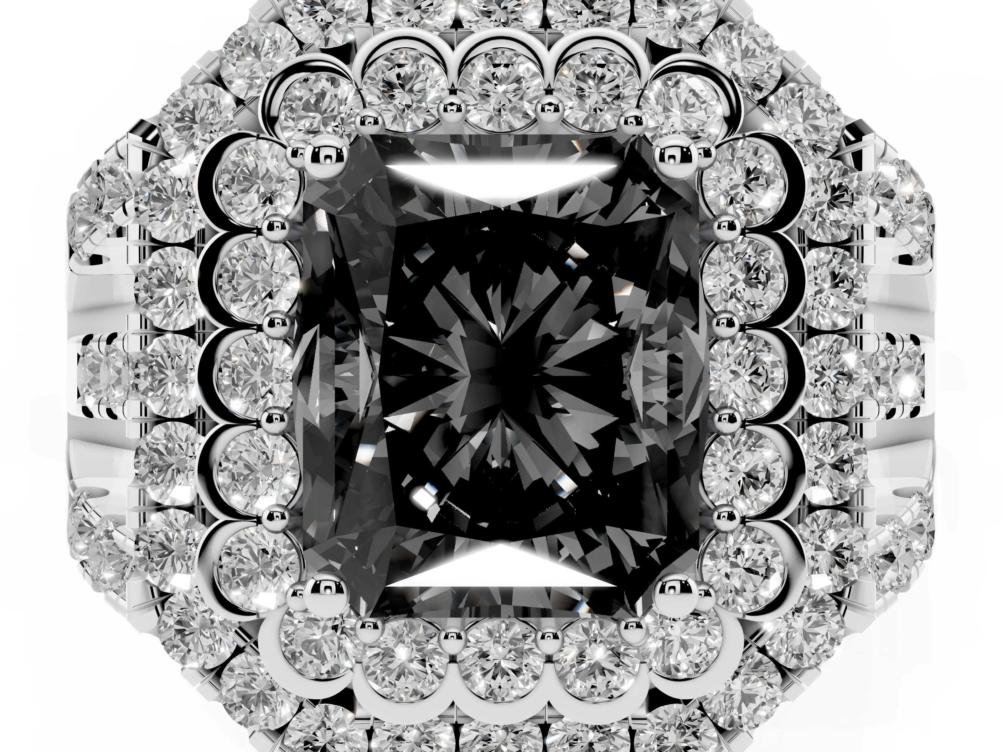 Fancy Black Radiant Cut Diamond Double Halo Ring Set in White gold with Round Pavé Split Shank