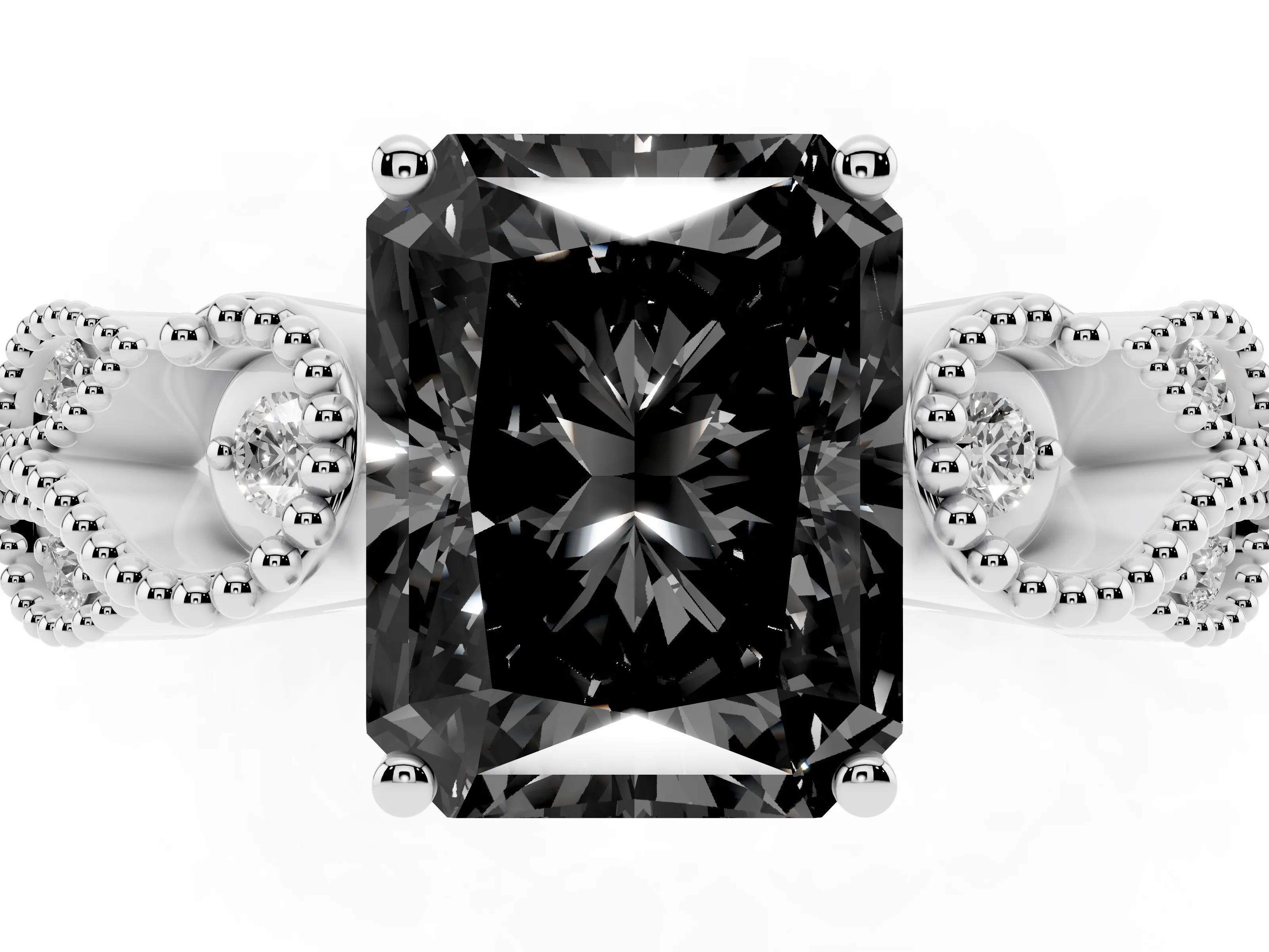 Fancy Black Radiant Cut Diamond Milgrain Leaf Band Solitaire Ring Set in White gold with Accent Stones and Prong Setting