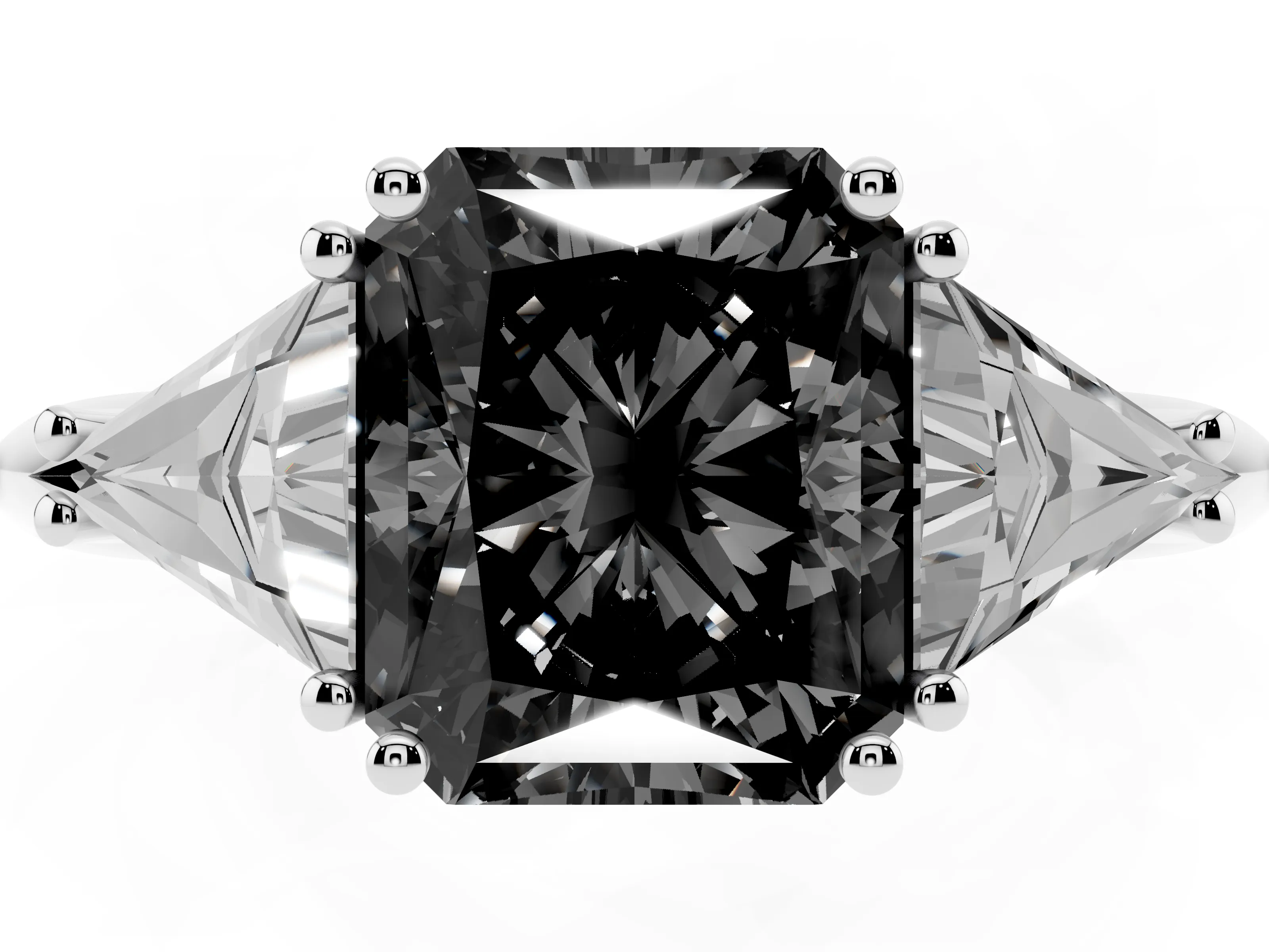 Fancy Black Radiant Cut Diamond Three-Stone Engagement Ring Set in White gold with Trillion Side Stones