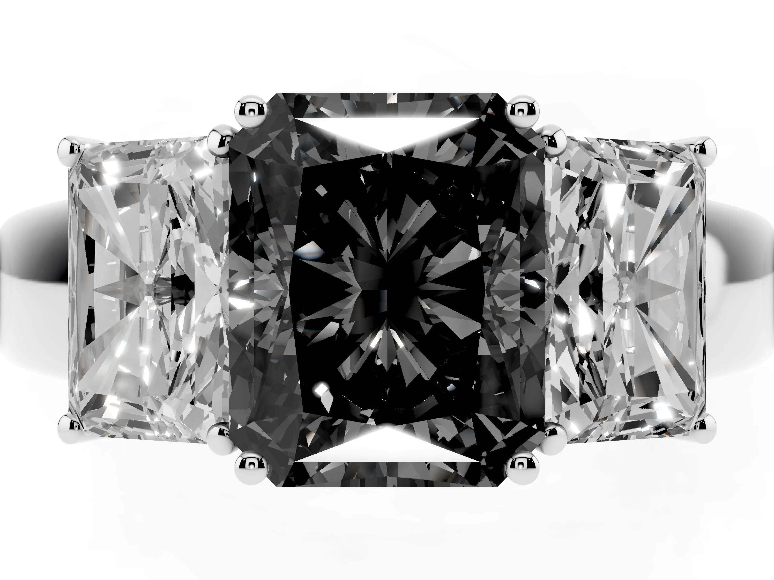 Fancy Black Three-Stone Radiant Cut Diamond Ring Set in Silver with Matching Prong Settings and Plain Band