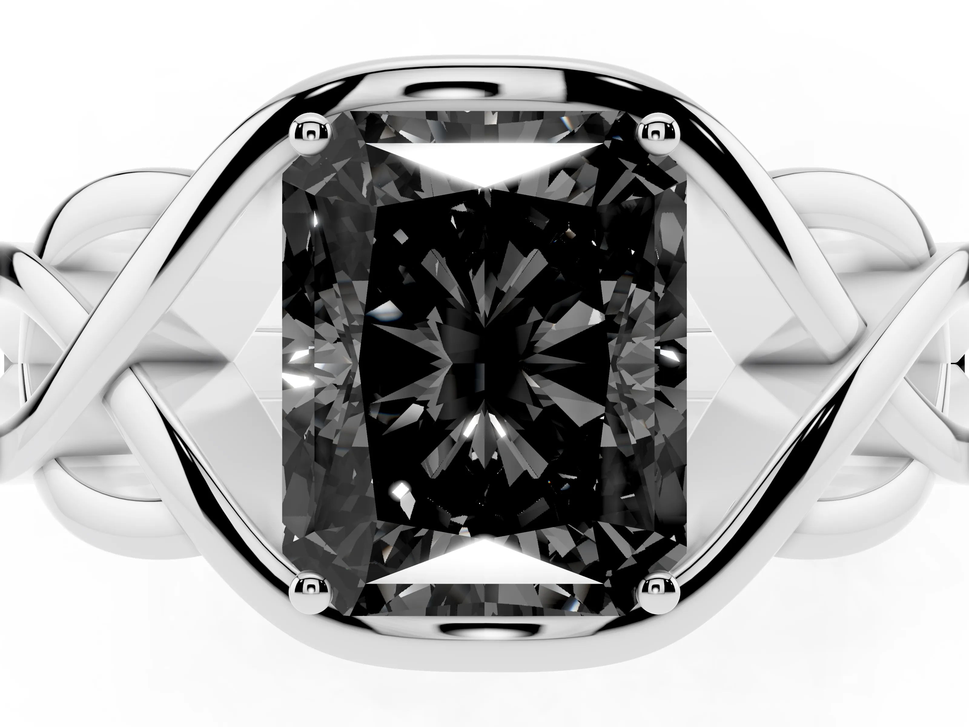 Fancy Black Radiant Cut Diamond Solitaire Ring Set in Platinum with Intertwined Band