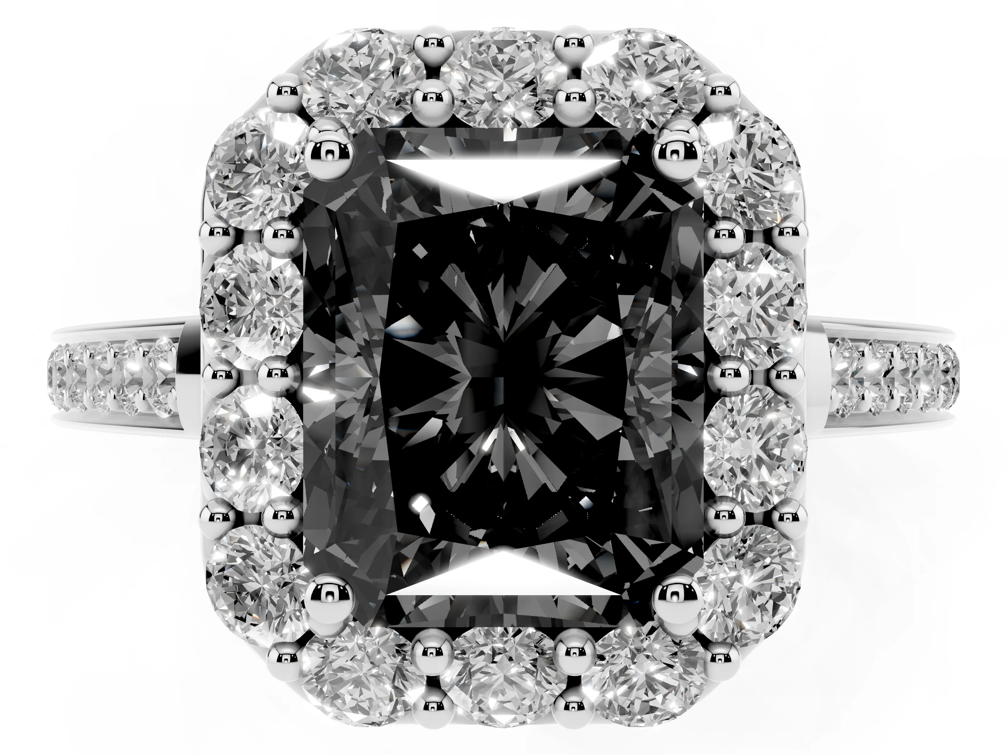 Fancy Black Radiant Cut Diamond Floral Halo Ring Set in Platinum with Pavé Band and Prong Setting
