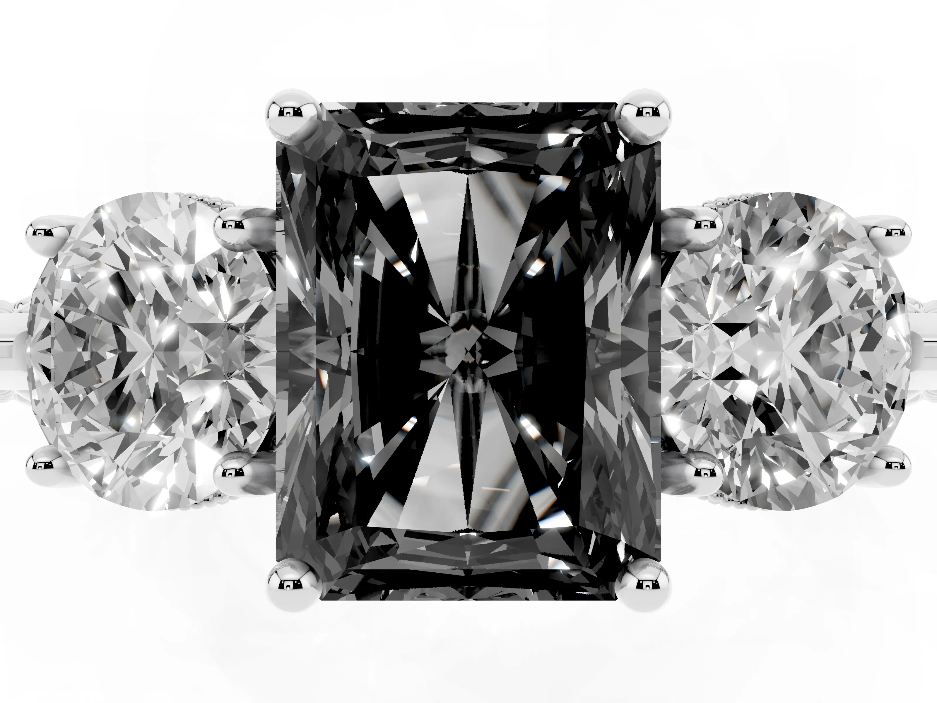 Fancy Black Radiant Cut Diamond Three-Stone Ring Set in White gold with Milgrain Band