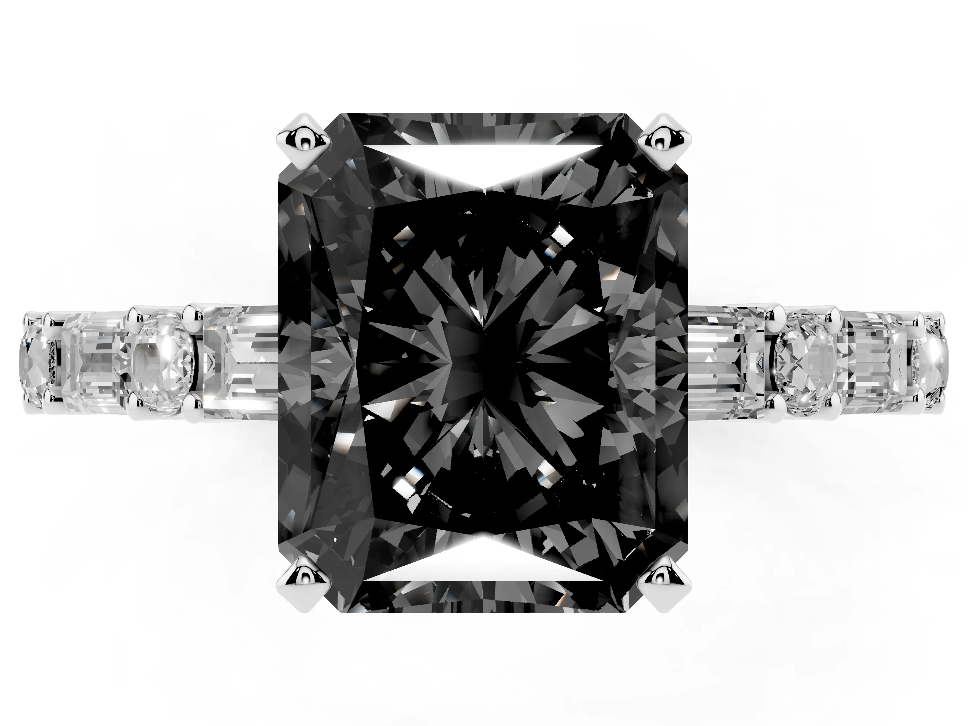 Fancy Black Radiant Cut Diamond Solitaire Set in Silver with Side Baguettes and Channel Set Band
