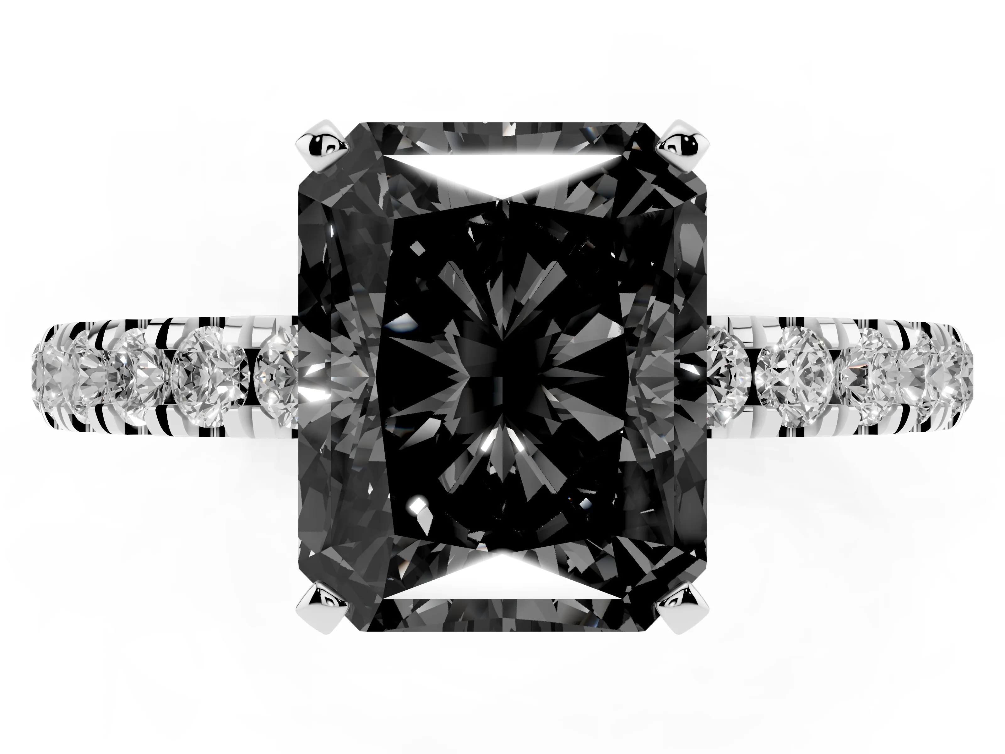 Fancy Black Radiant Cut Diamond Solitaire Ring Set in Platinum with Pavé Accents and Prong Setting