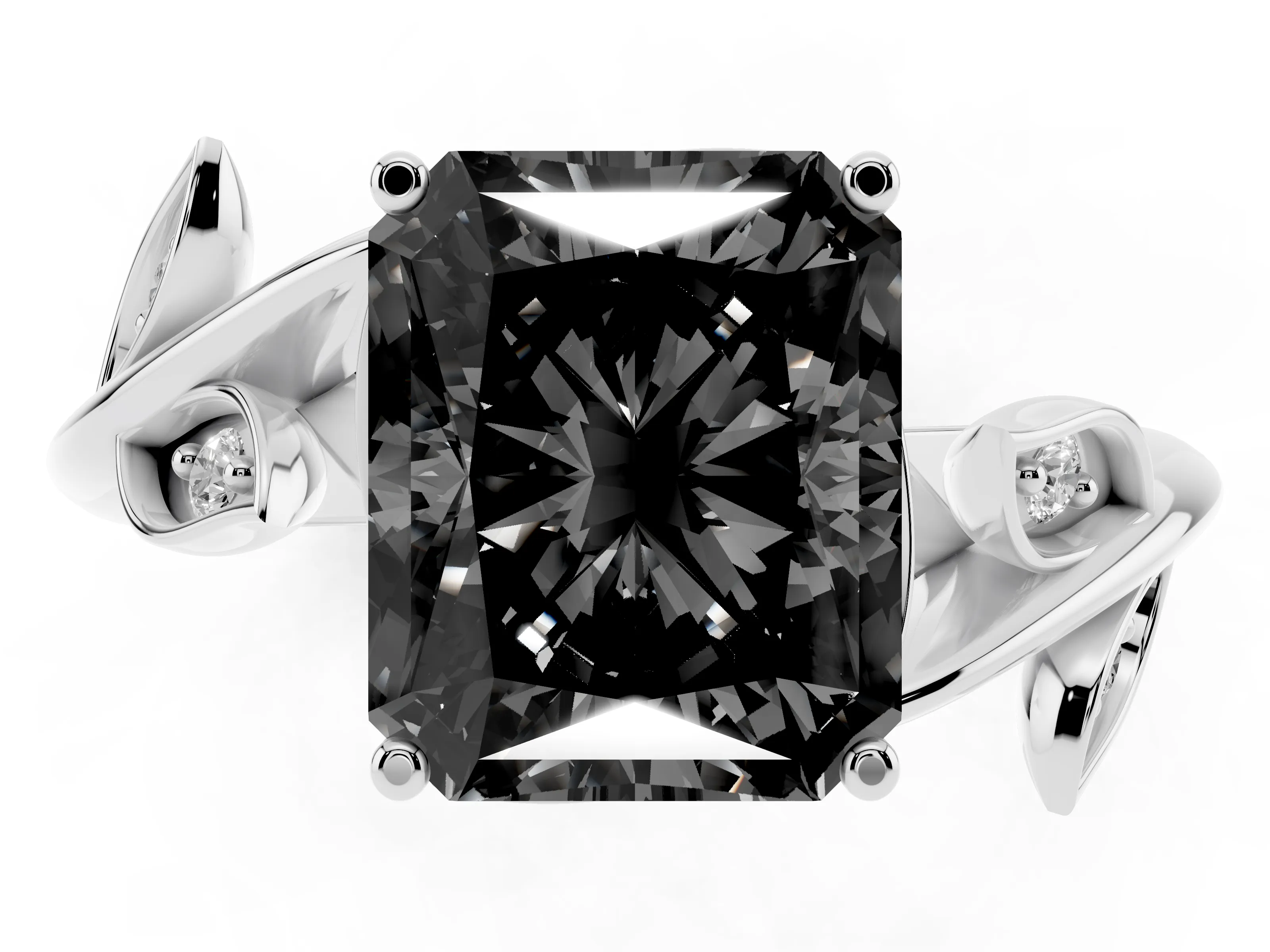 Fancy Black Radiant Cut Diamond Solitaire Twist Engagement Ring Set in White gold with Pavé Leaf Accents