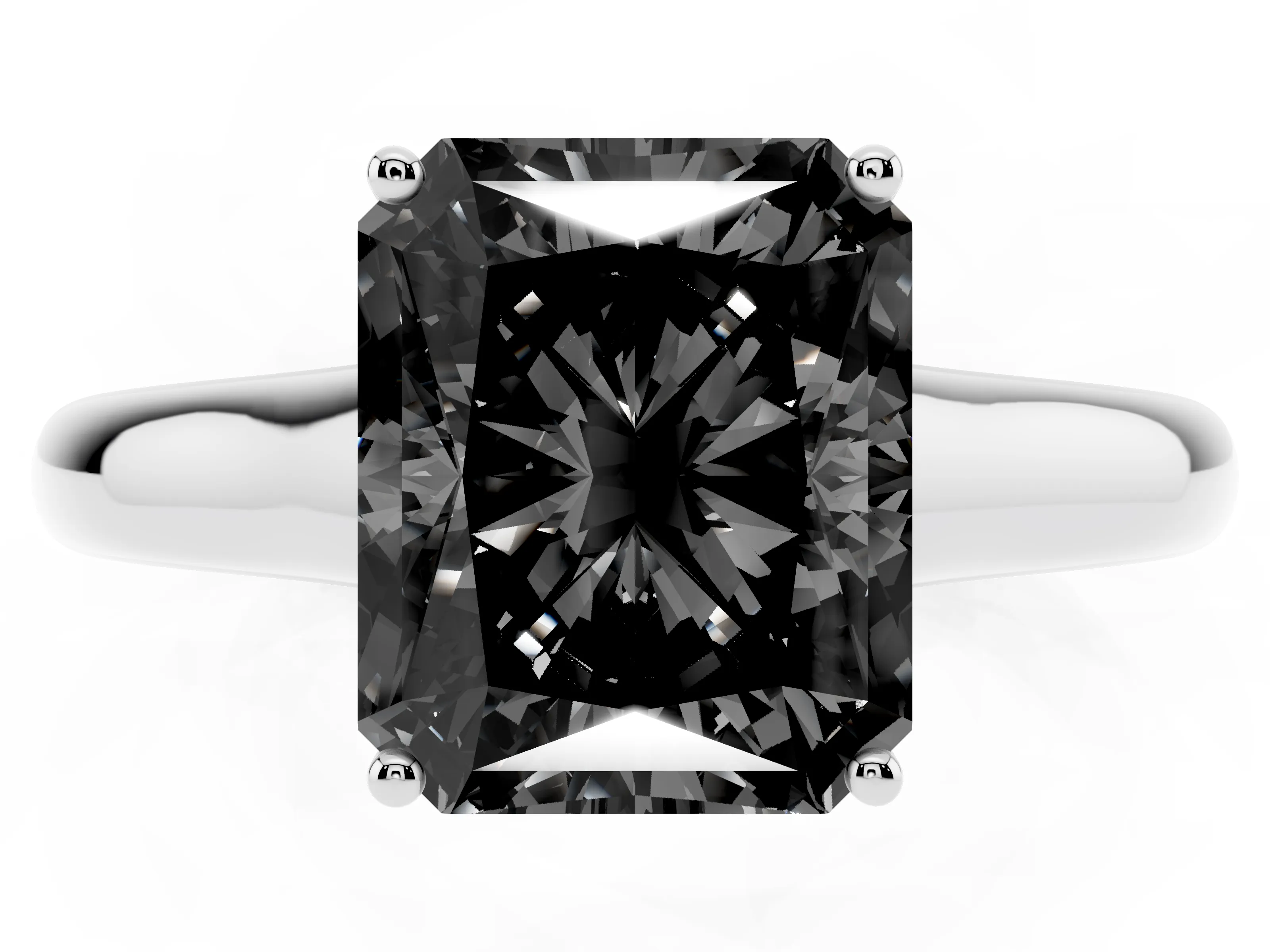 Fancy Black Radiant Cut Diamond Solitaire Engagement Ring Set in White gold with Subtly Tapered Band and Prong Setting