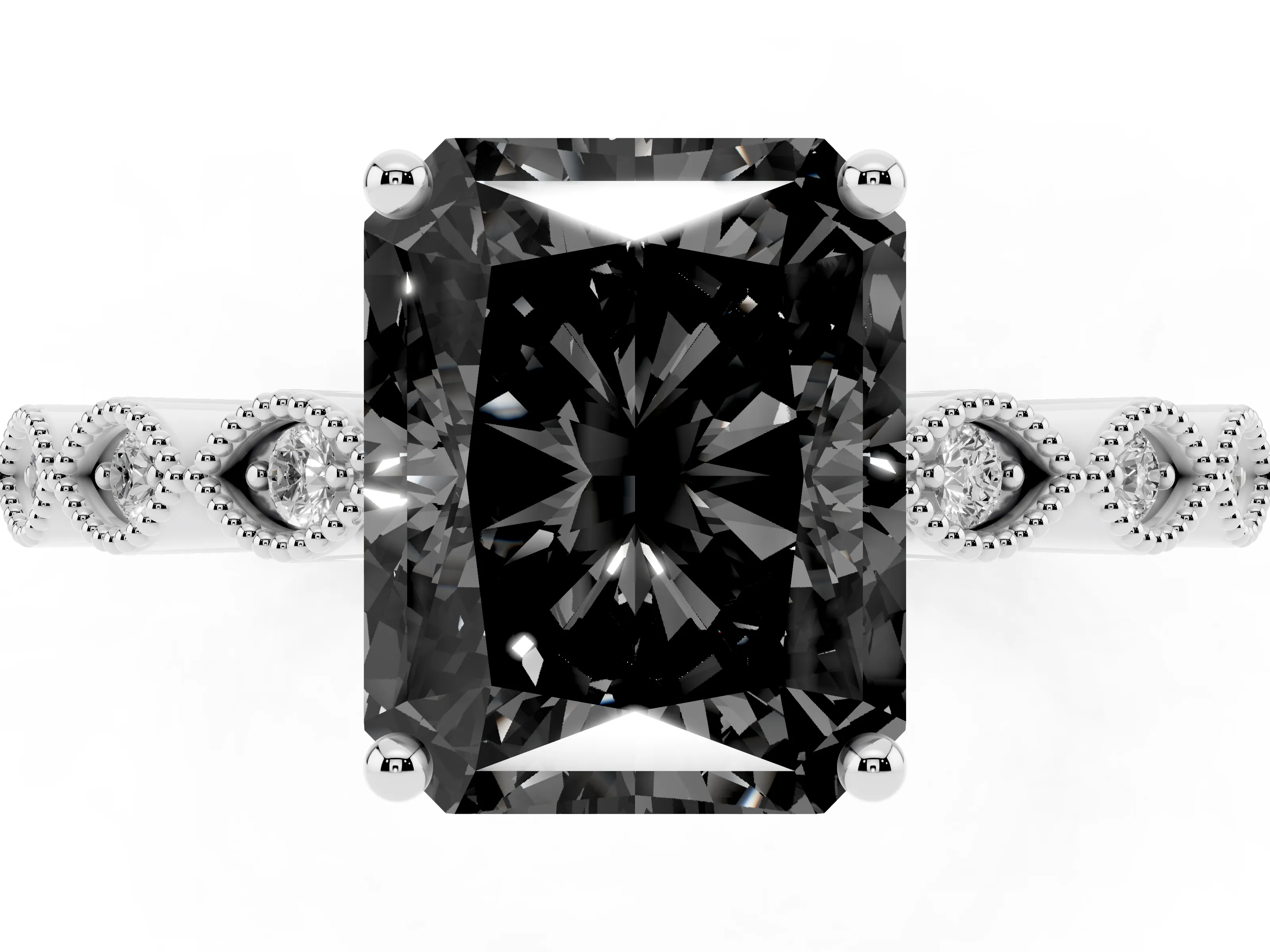 Fancy Black Radiant Cut Diamond Solitaire Ring Set in Silver with Infinity Twist Pavé Band