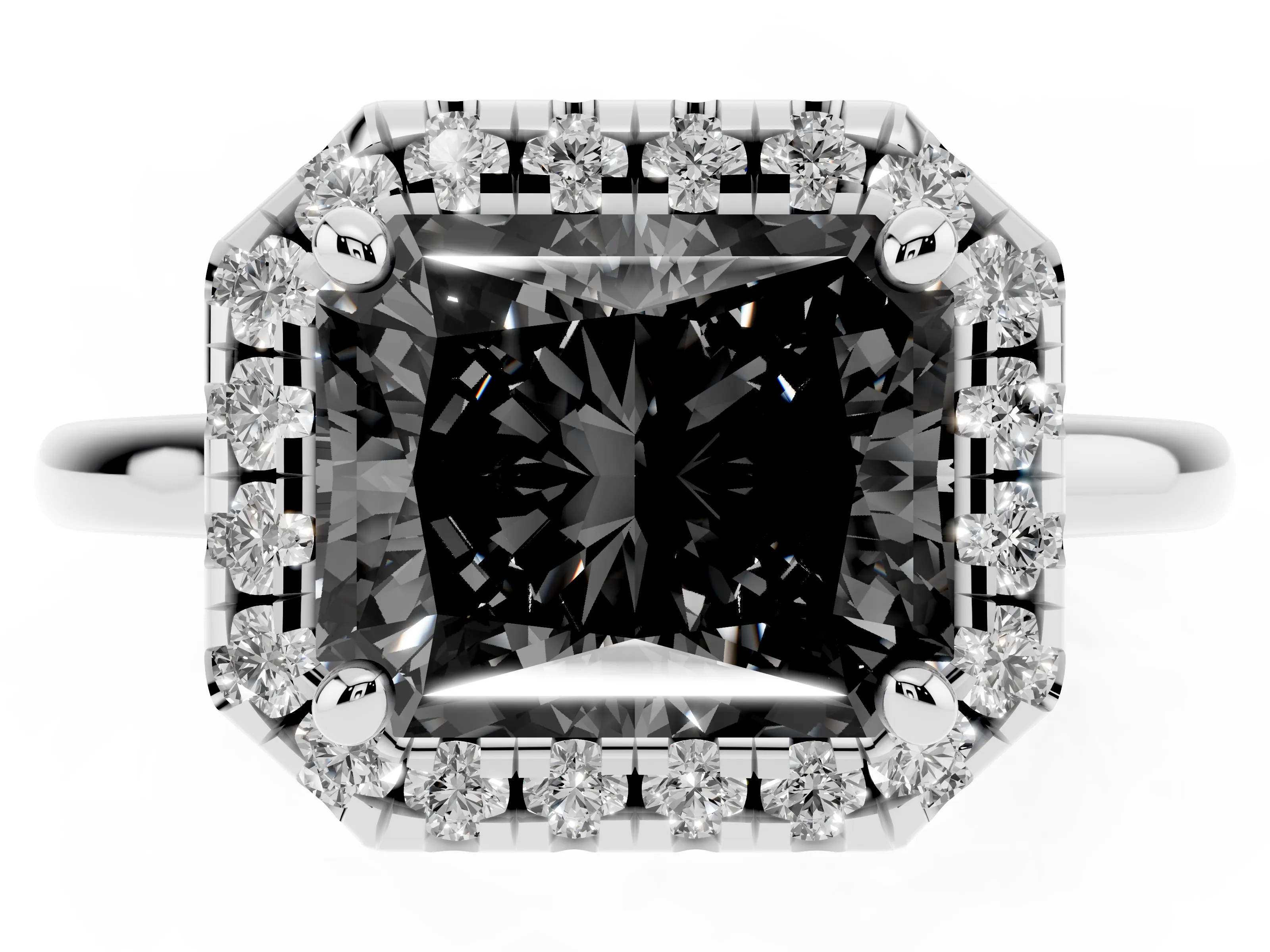 Fancy Black Radiant Cut Diamond Halo Engagement Ring Set in Silver with Pavé Band and Rising Shoulders