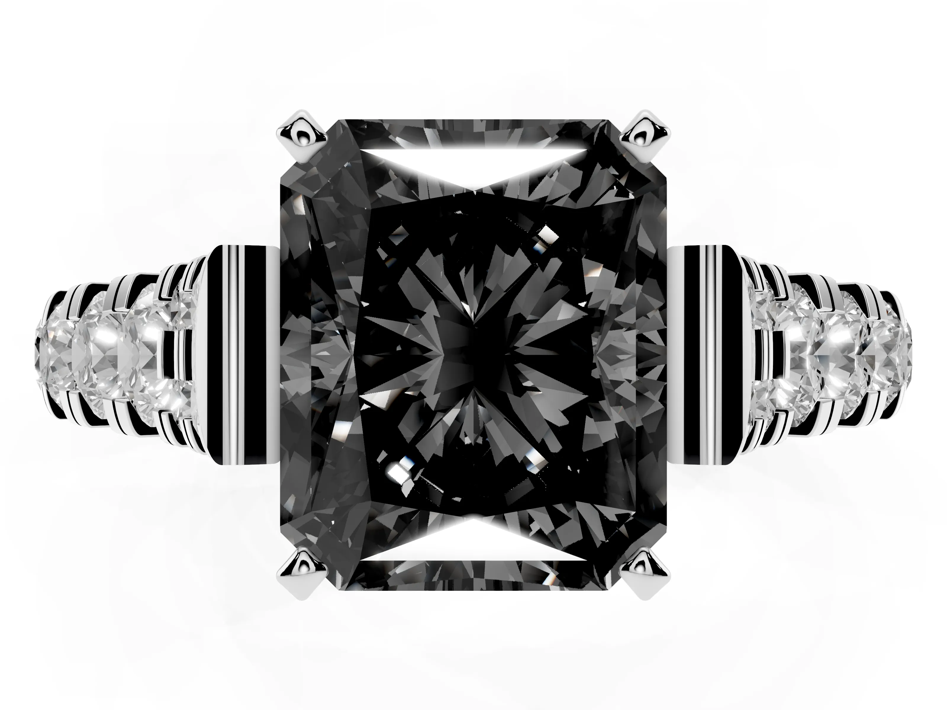 Fancy Black Radiant Cut Diamond Classic Solitaire Ring Set in Silver with Pavé Band and Prong Setting