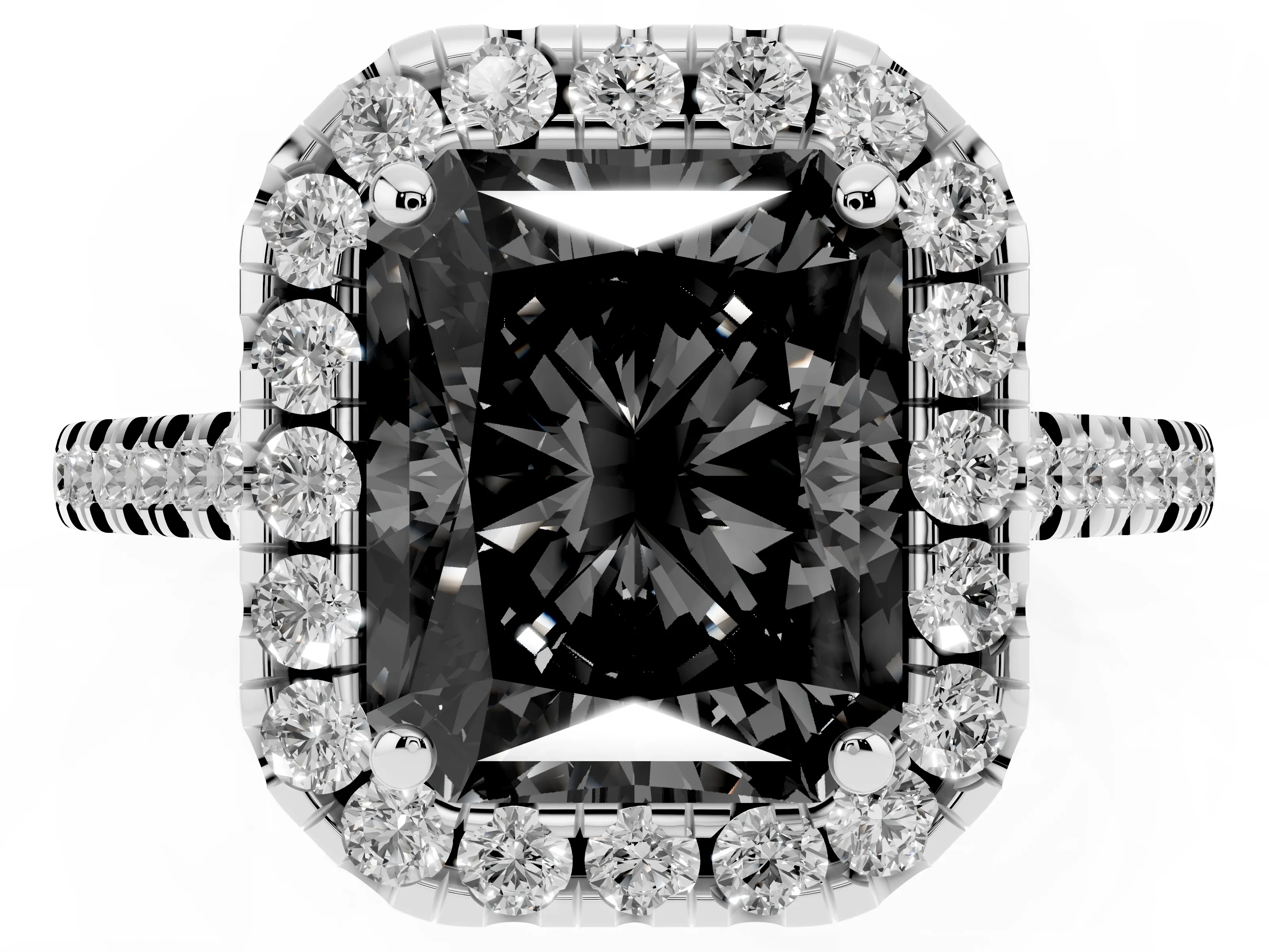 Fancy Black Radiant Cut Diamond Cushion Halo Ring Set in Silver with Pavé Band