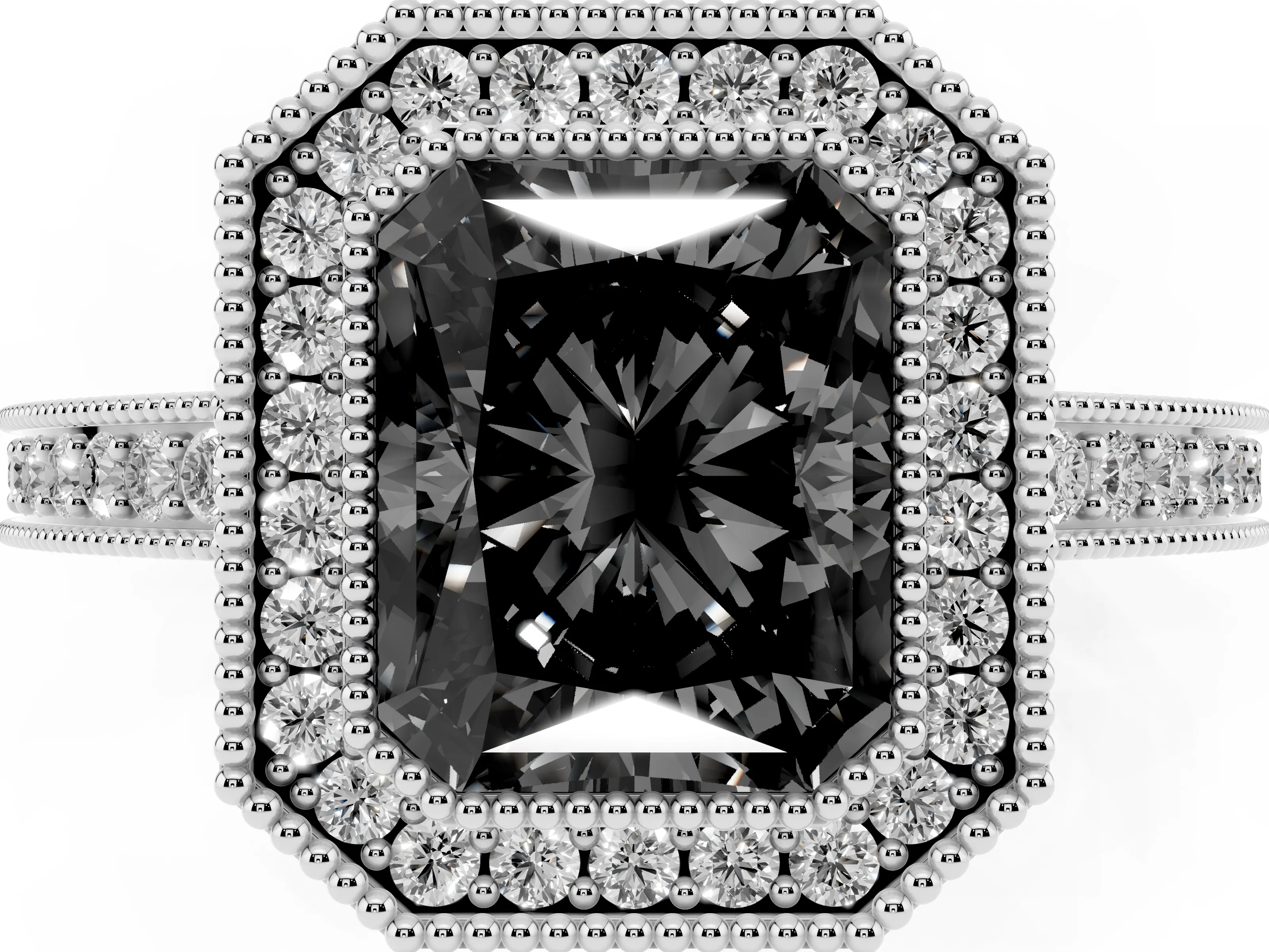 Fancy Black Radiant Cut Diamond Round Halo Ring Set in White gold with Pavé Band