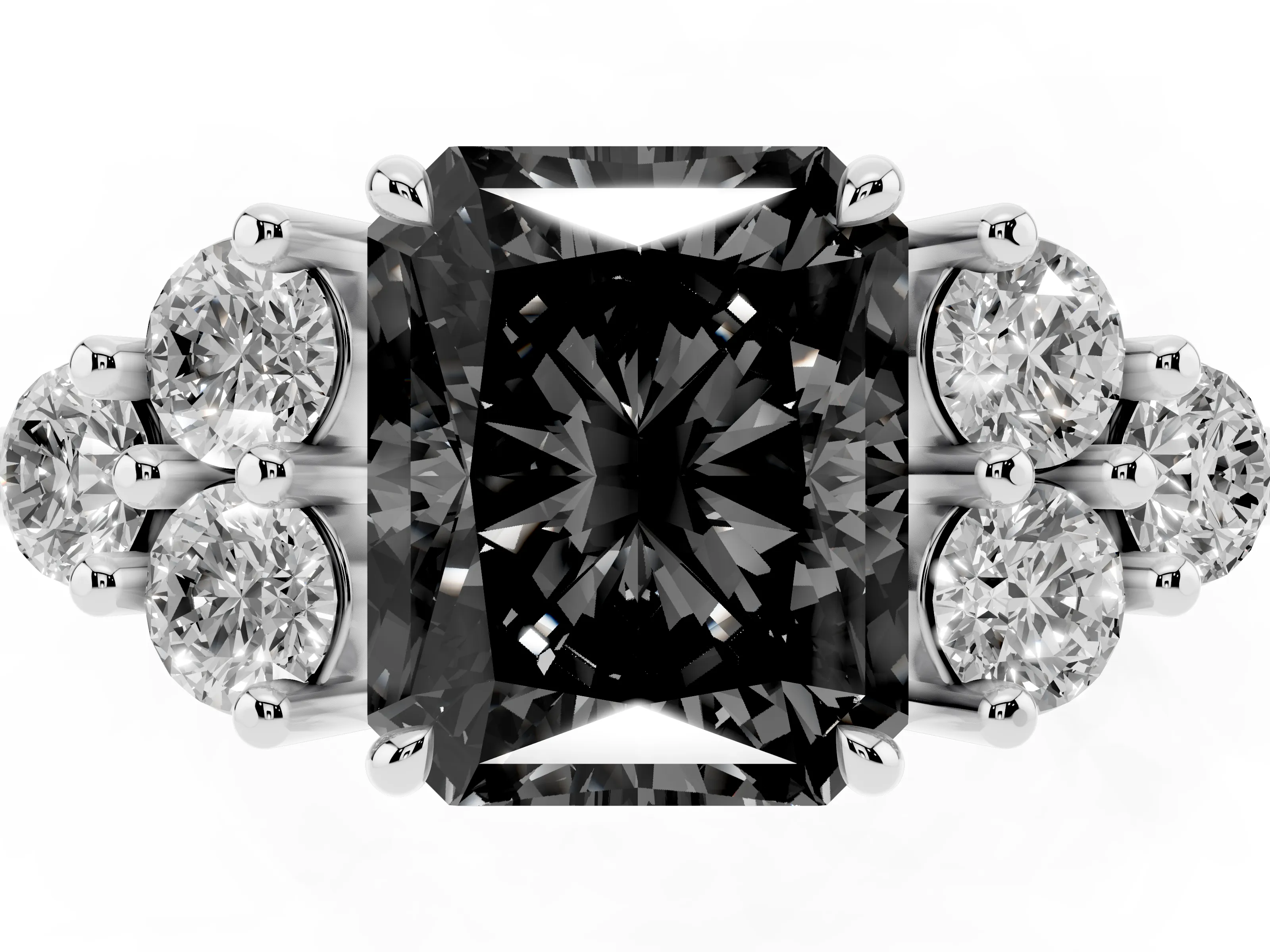 Fancy Black Radiant Cut Diamond Solitaire Ring Set in White gold with Cluster Accents on Each Side
