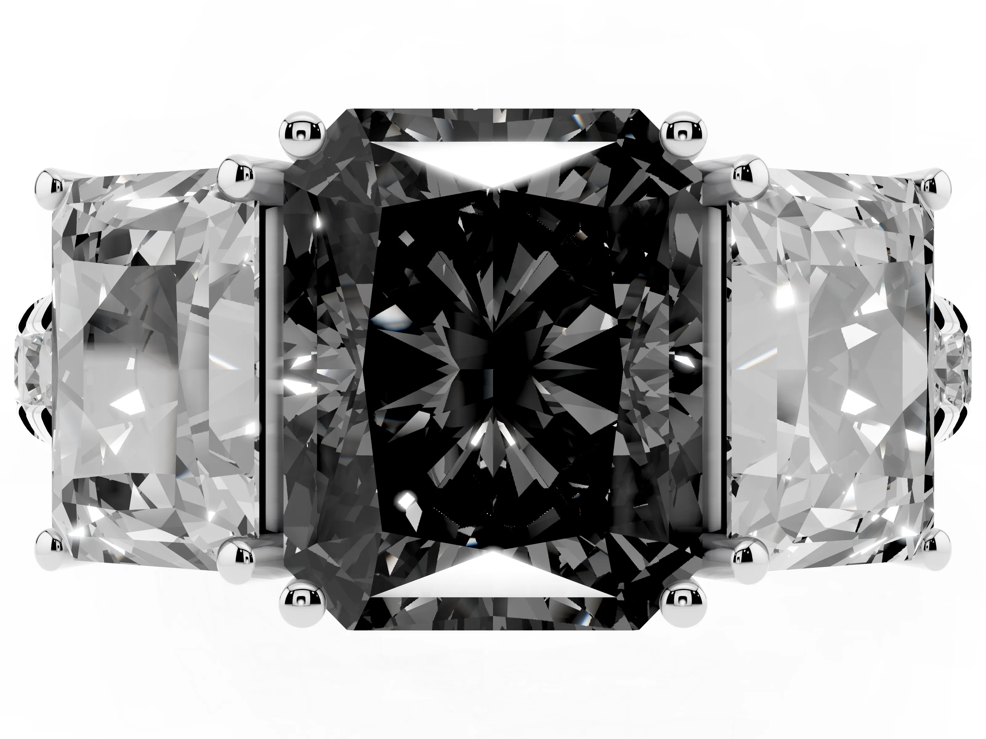 Fancy Black Radiant Cut Diamond Three-Stone Ring Set in Platinum with Pavé Band