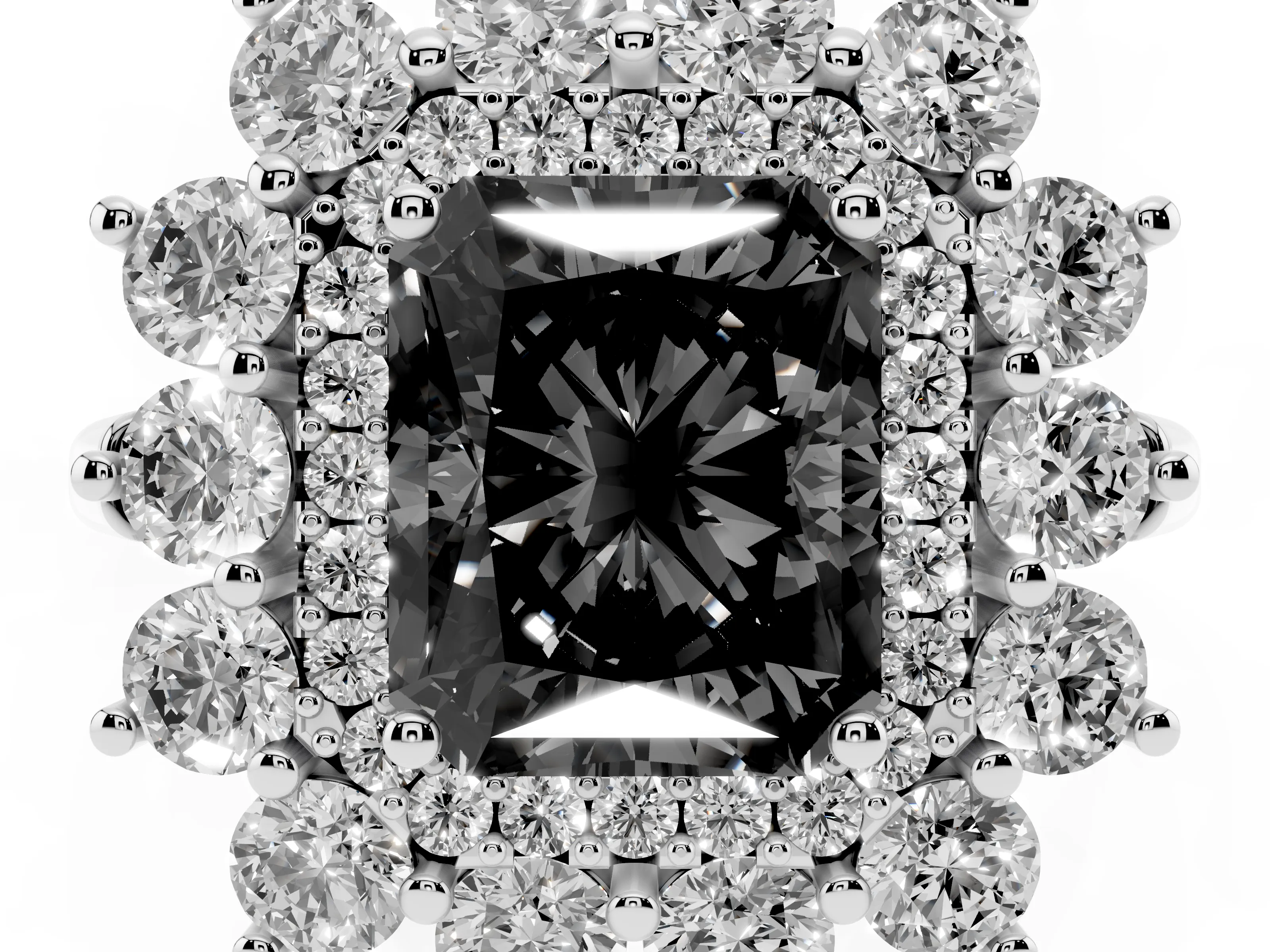 Fancy Black Radiant Cut Diamond Floral Double Halo Ring Set in Silver with Round Petals