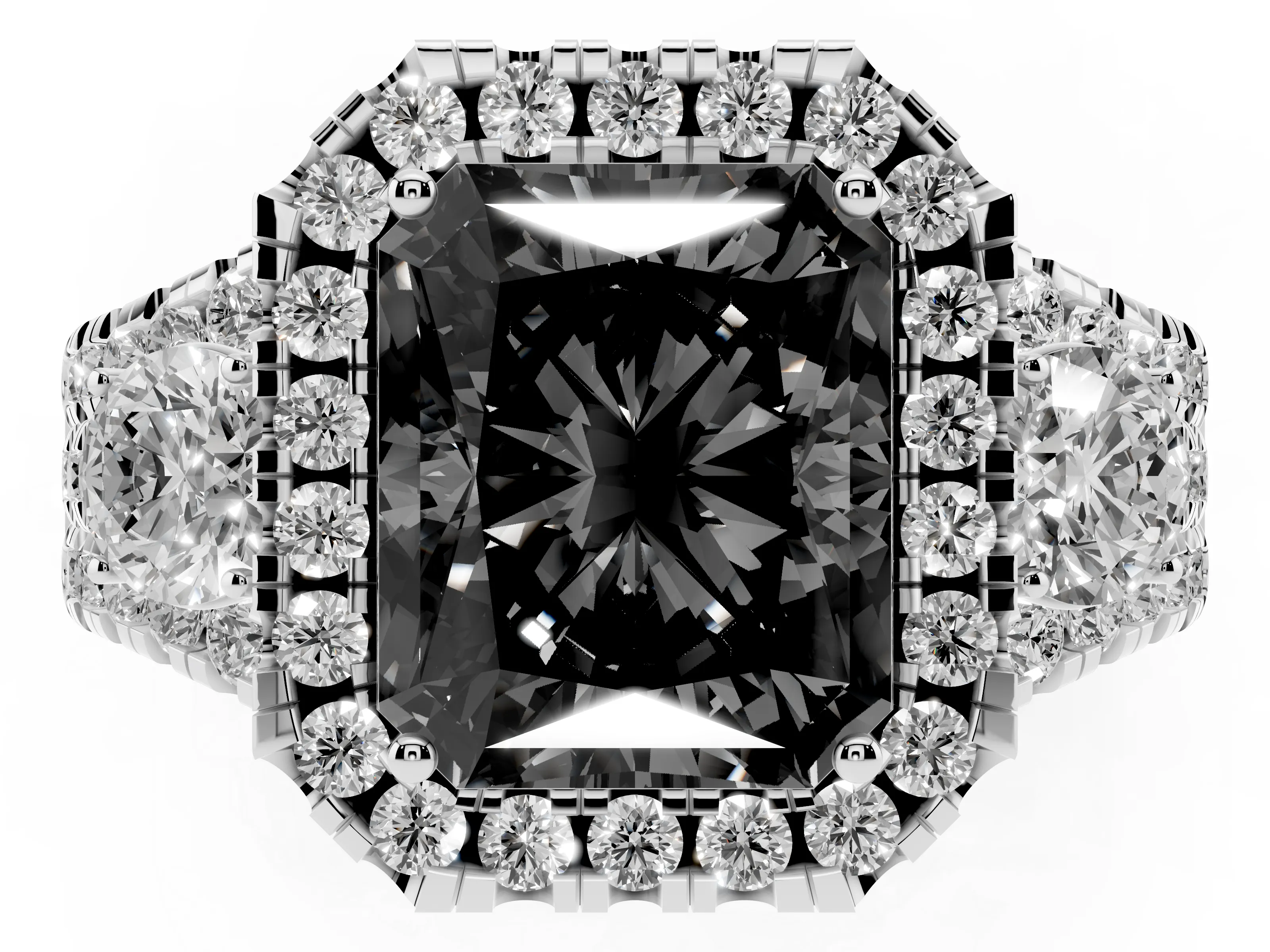 Fancy Black Radiant Cut Diamond Halo Split Shank Ring Set in White gold with Round Accent Stones and Prong Setting