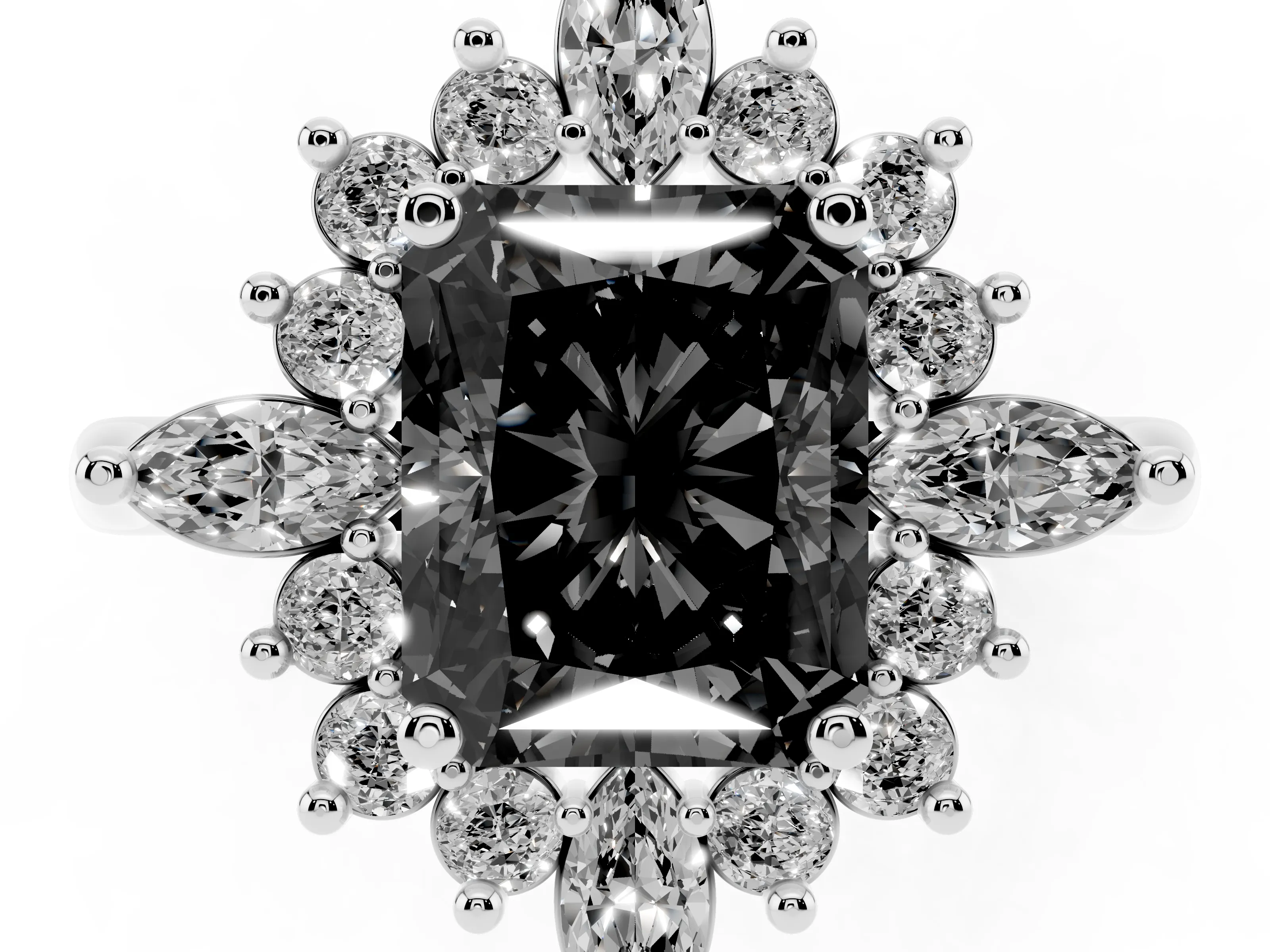 Fancy Black Radiant Cut Diamond Cluster Halo Ring Set in Platinum with Marquise and Round Accents