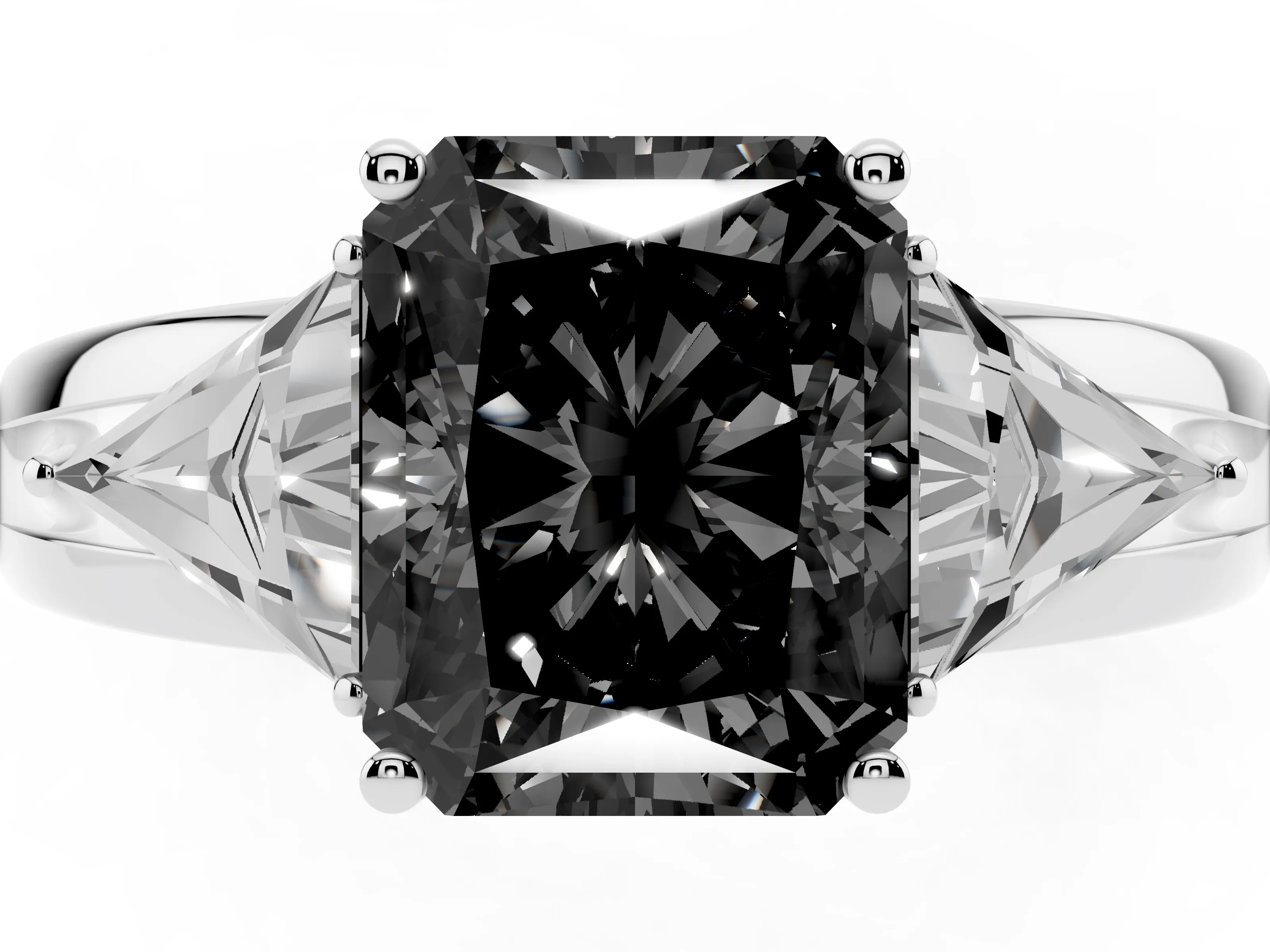 Fancy Black Radiant Cut Diamond Three-Stone Ring Set in Silver with Trillion Side Stones and Split Shank