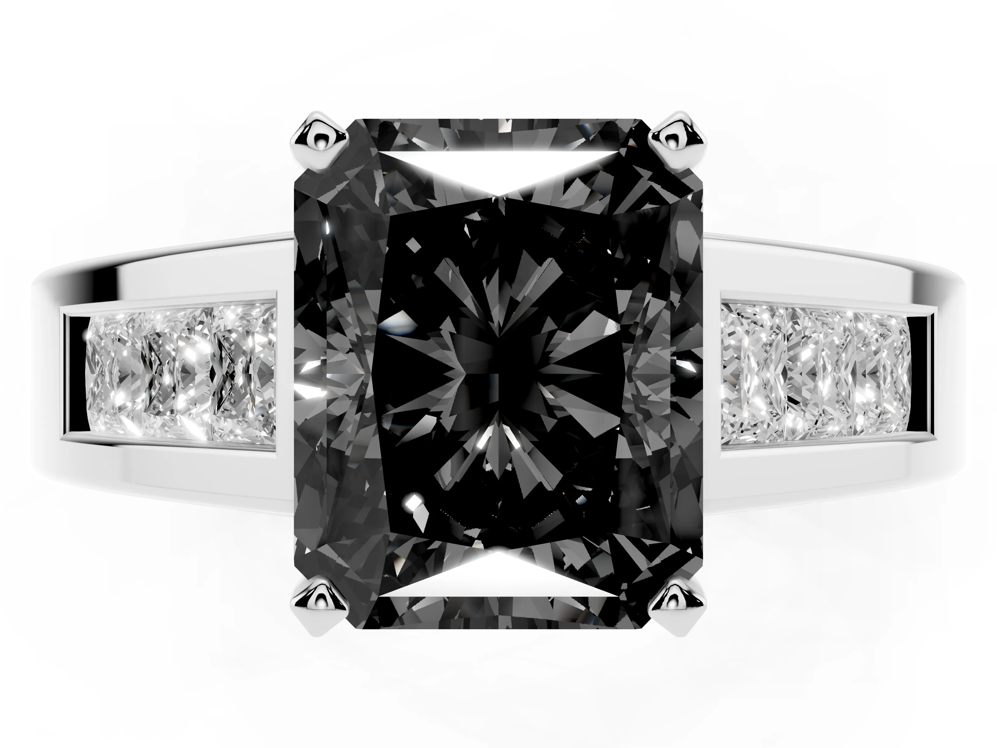 Fancy Black Radiant Cut Diamond Solitaire Ring Set in Silver with Channel-Set Accent Stones and Prong Setting