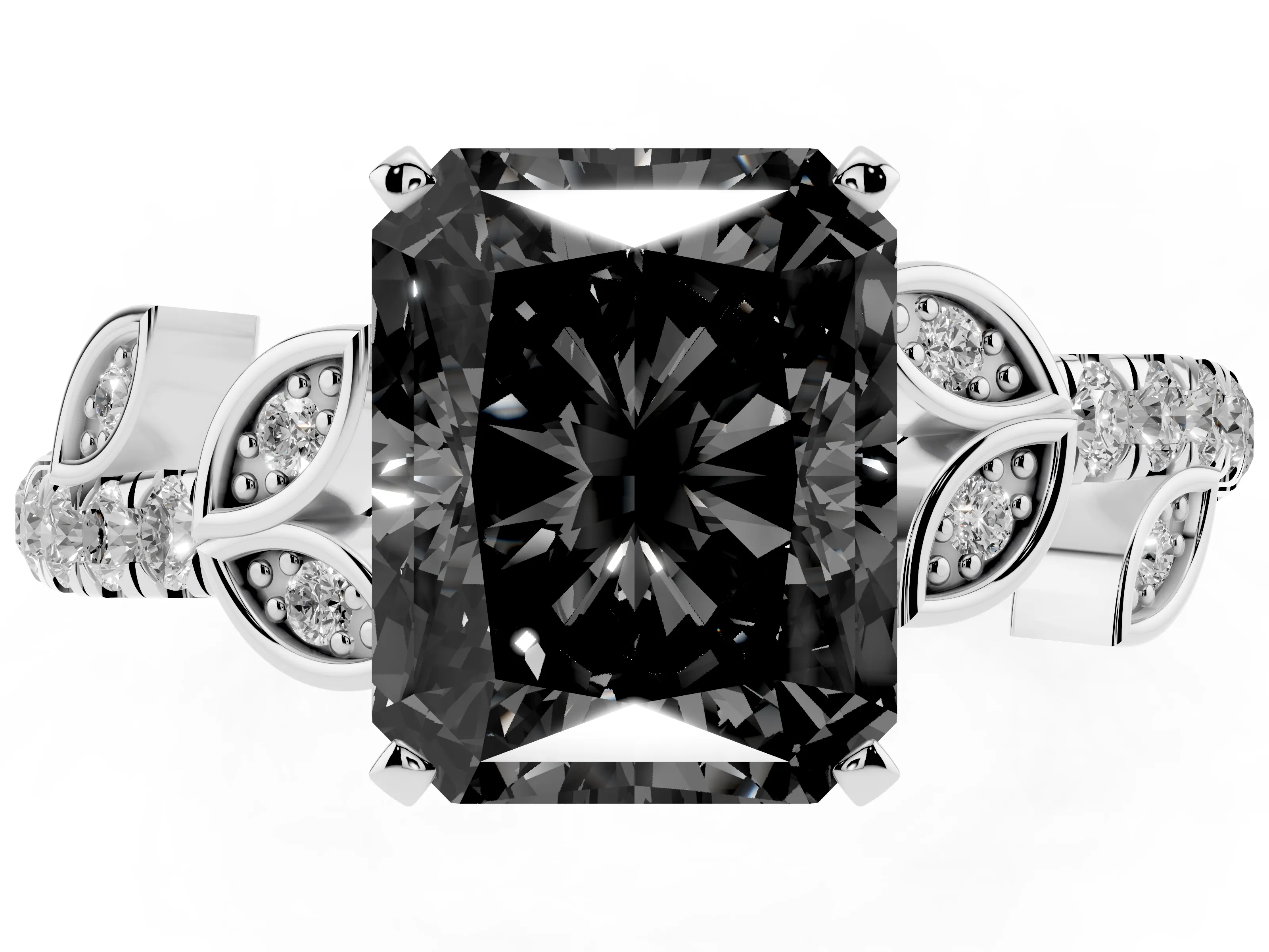 Fancy Black Radiant Cut Diamond Solitaire Leaf-Inspired Ring Set in White gold with Pavé Band and Prong Setting