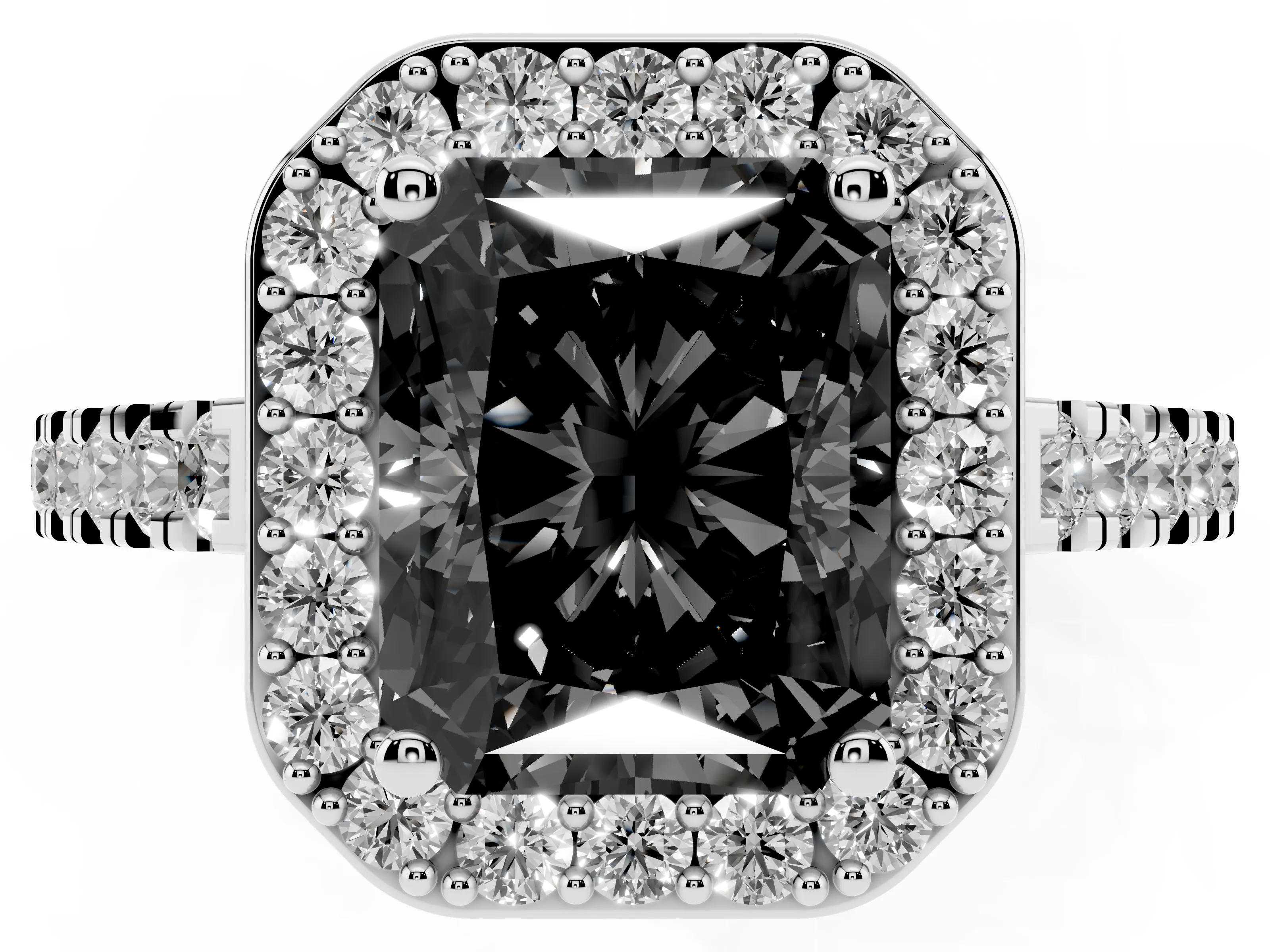 Fancy Black Radiant Cut Diamond Halo Ring Set in Silver with Round Pavé Split Shank and Prong Setting