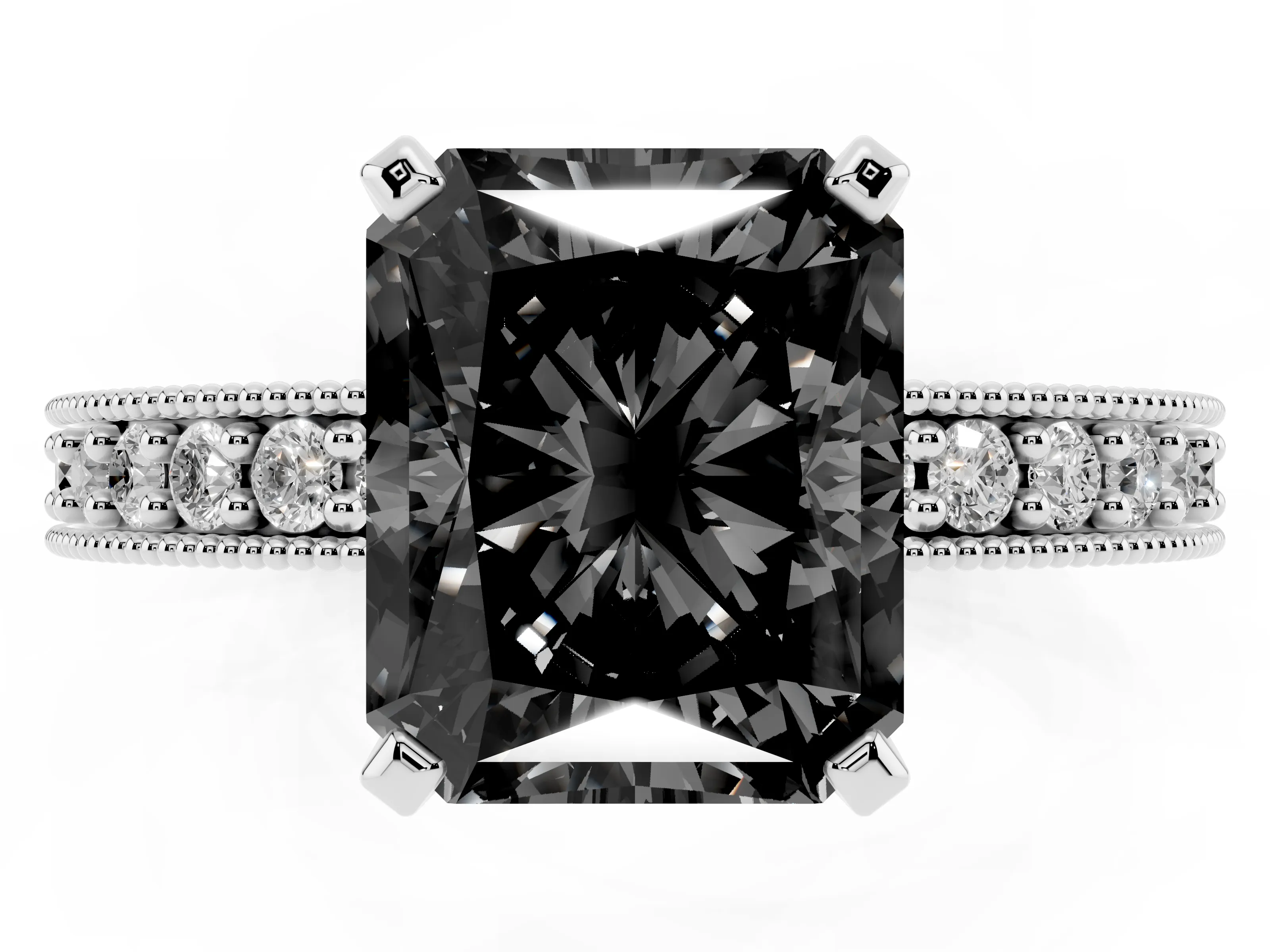 Fancy Black Radiant Cut Diamond Milgrain Pavé Engagement Ring Set in White gold with Prong Setting
