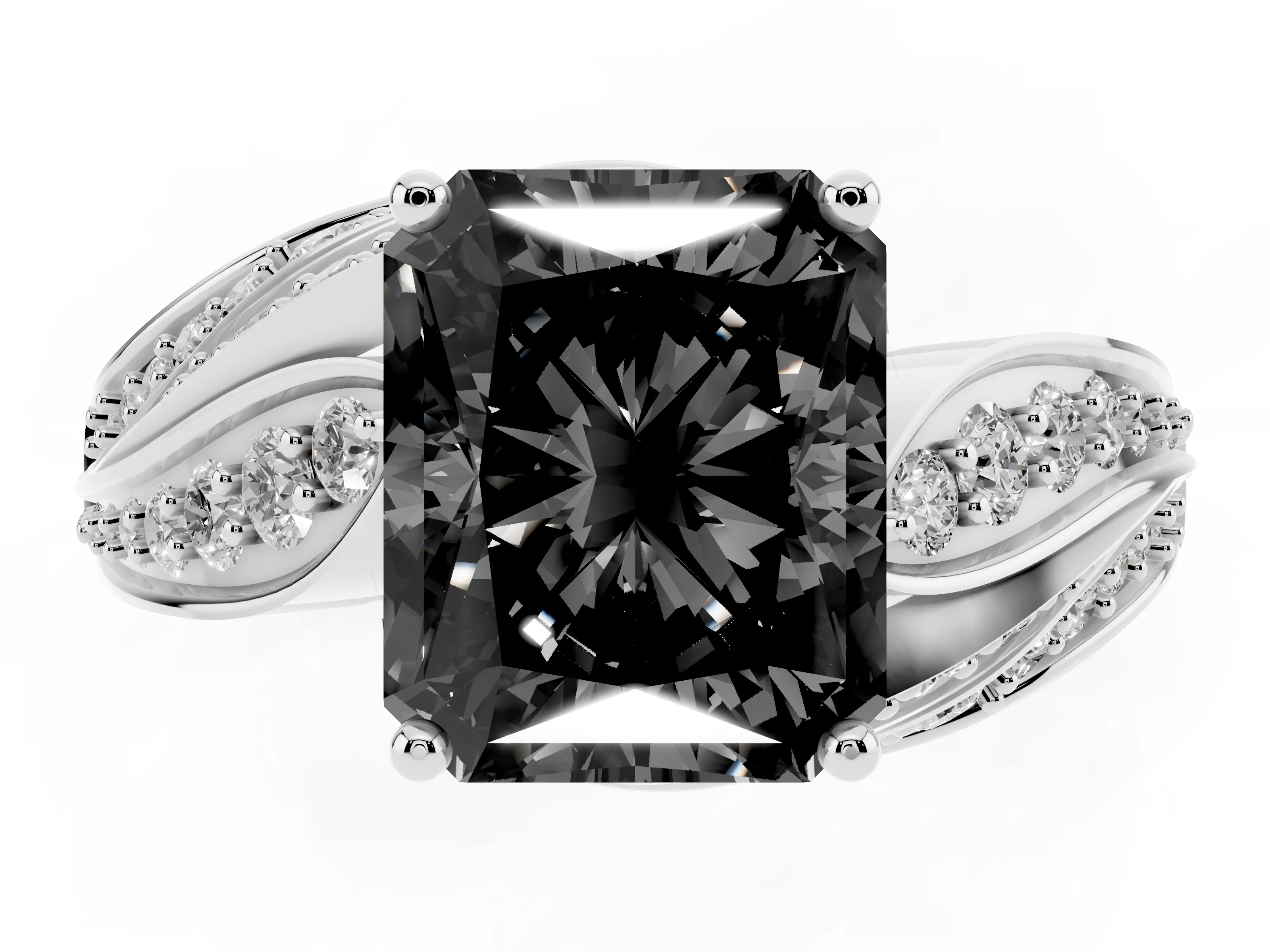 Fancy Black Radiant Cut Diamond Solitaire Ring Set in White gold with Layered Twist Pavé Band