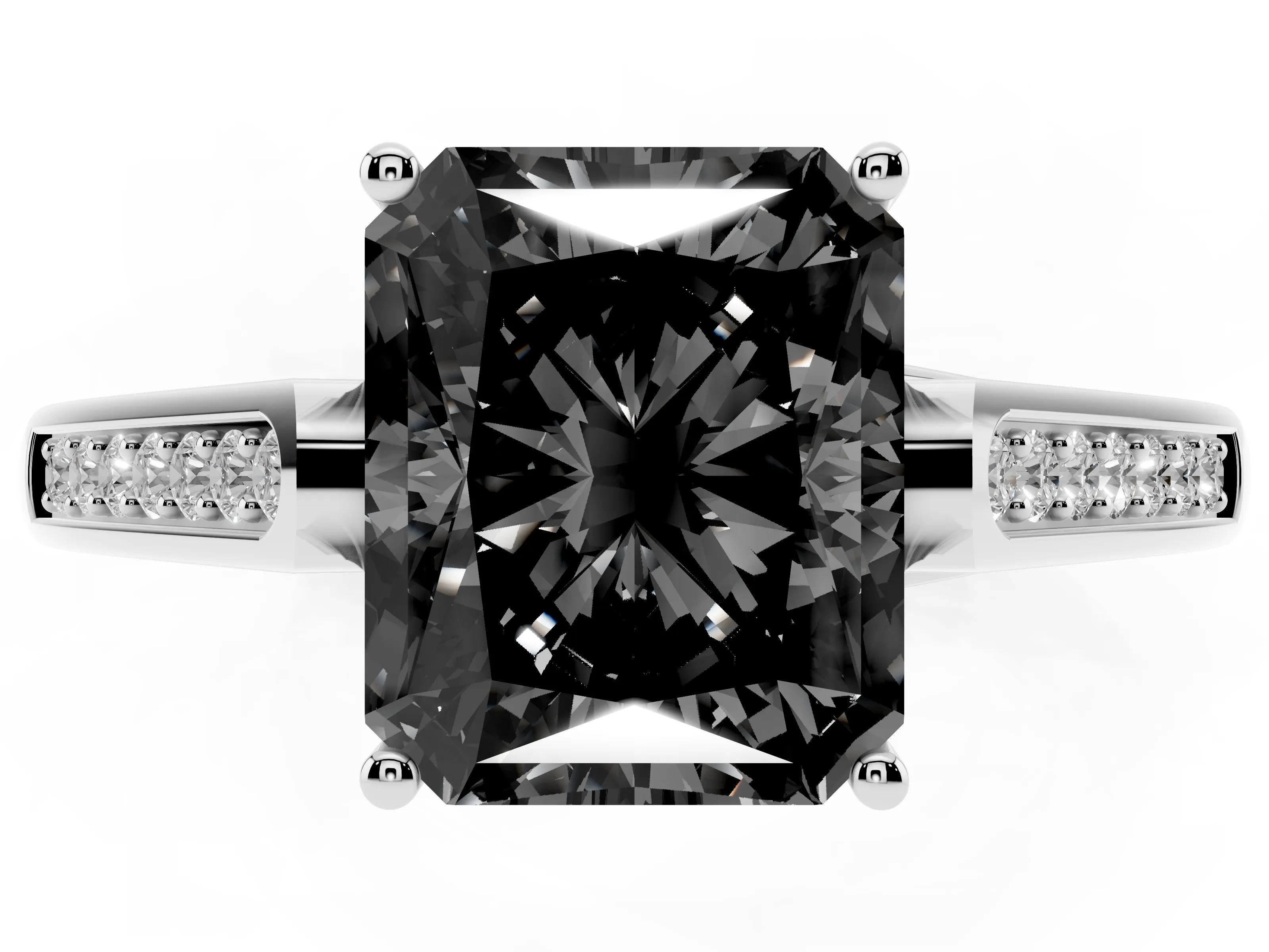 Fancy Black Radiant Cut Diamond Solitaire Cathedral Engagement Ring Set in Platinum with Channel-Set Band and Prong Setting