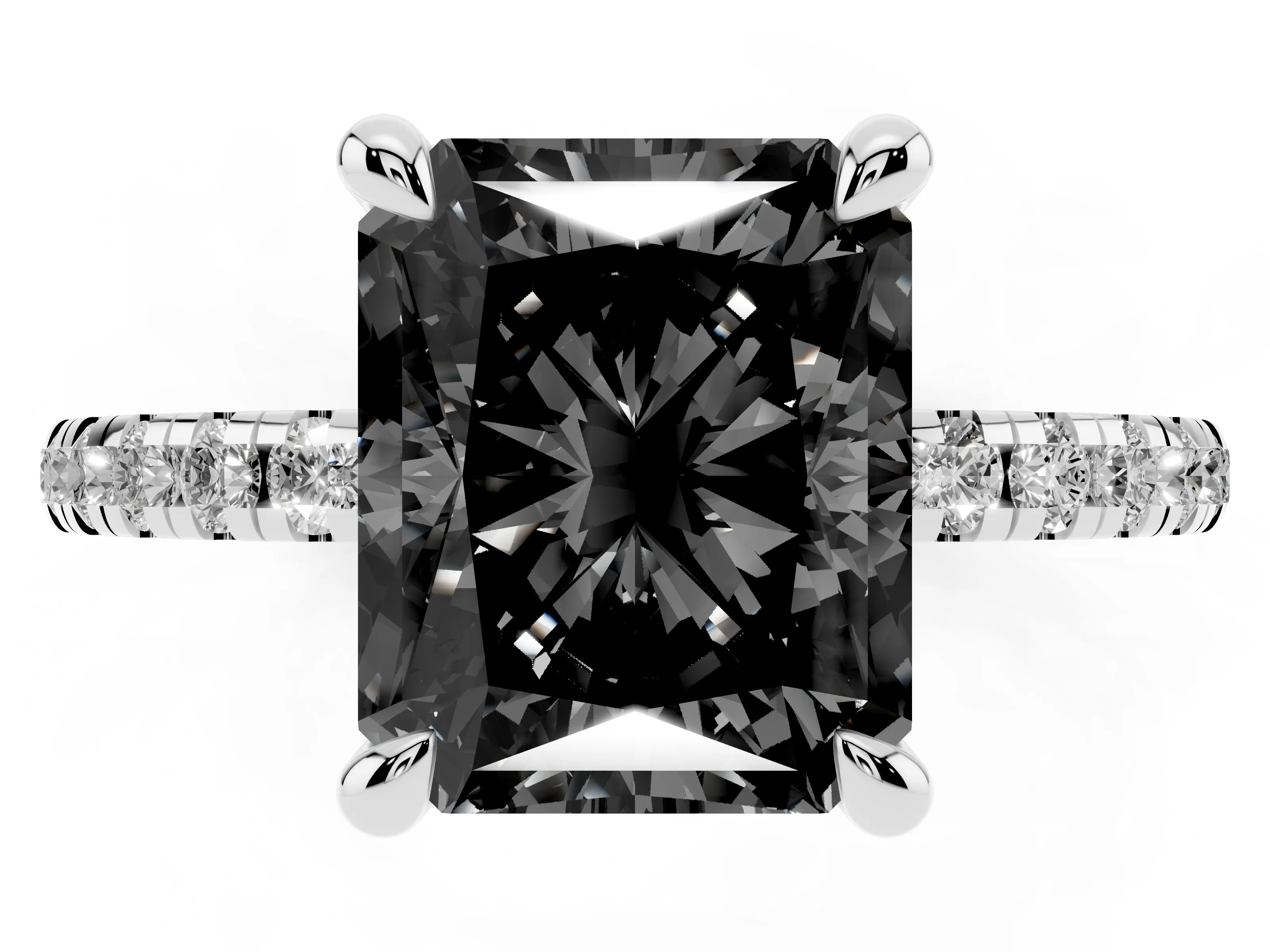 Fancy Black Radiant Cut Diamond Brilliant Solitaire Ring Set in Platinum with Pavé Band and Prong Setting