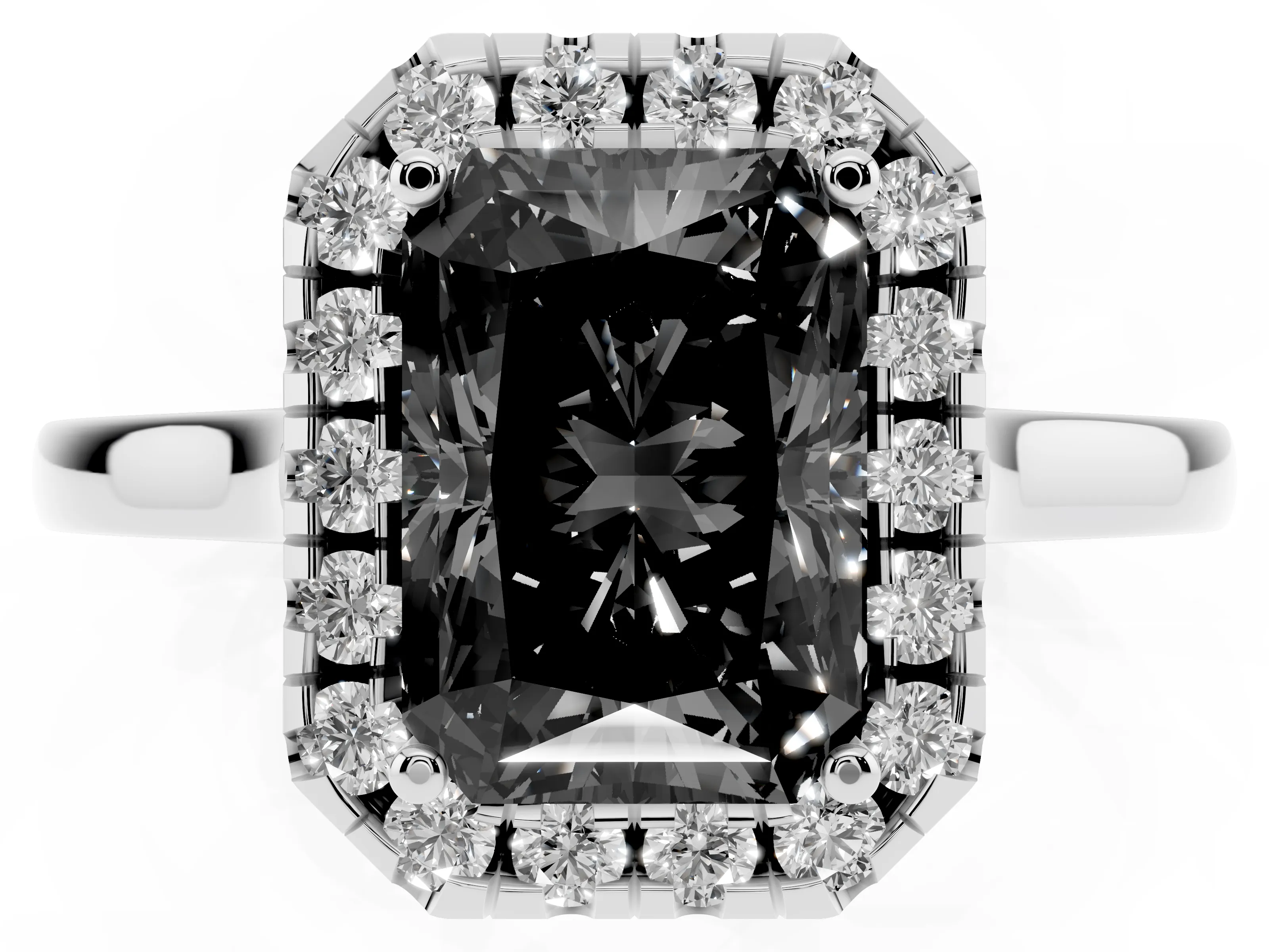 Fancy Black Radiant Cut Halo Round Diamond Solitaire Ring Set in Silver with Pavé Band and Prong Setting