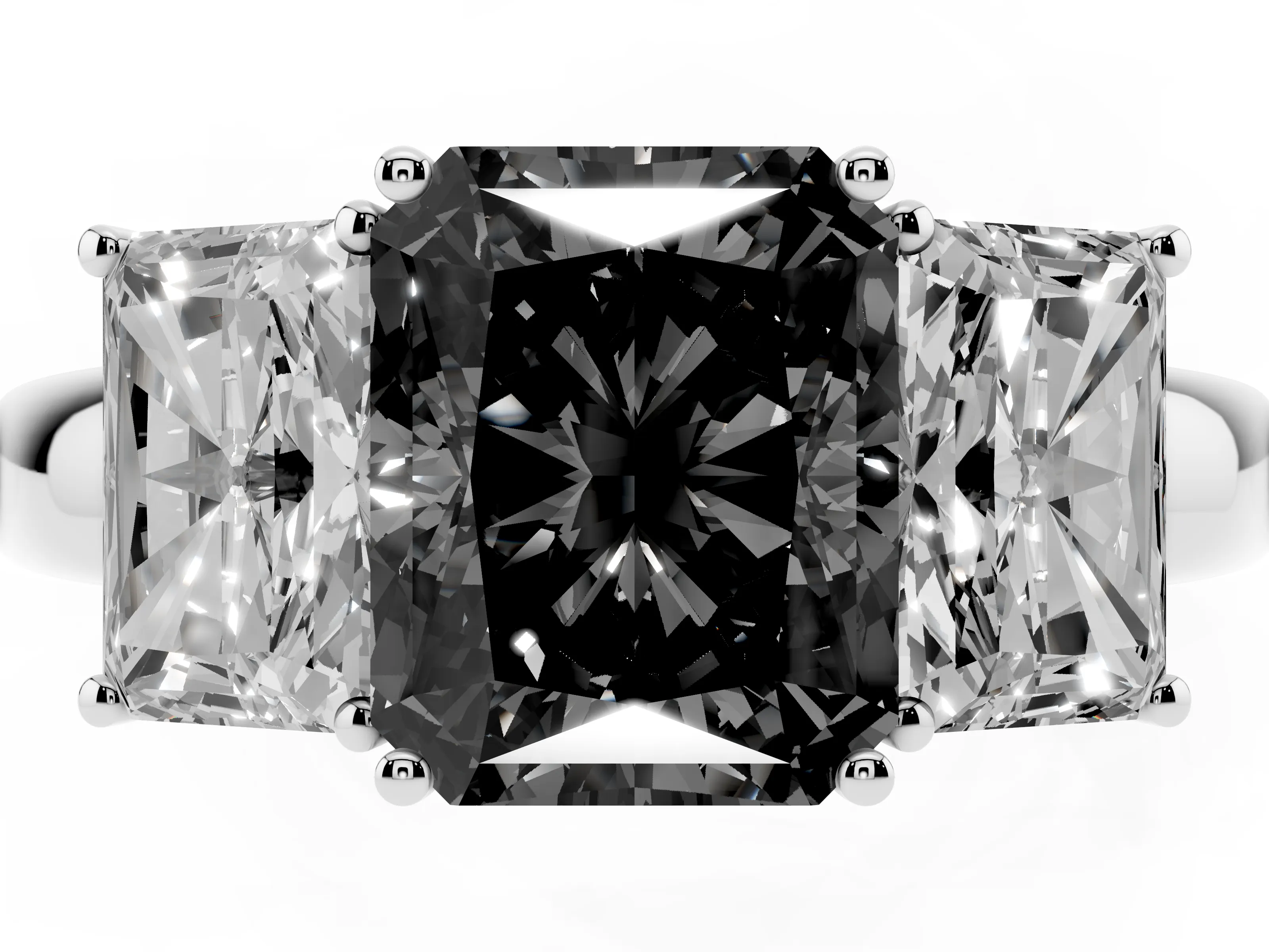 Fancy Black Radiant Cut Diamond Three-Stone Ring Set in White gold with Bold Center and Classic Band