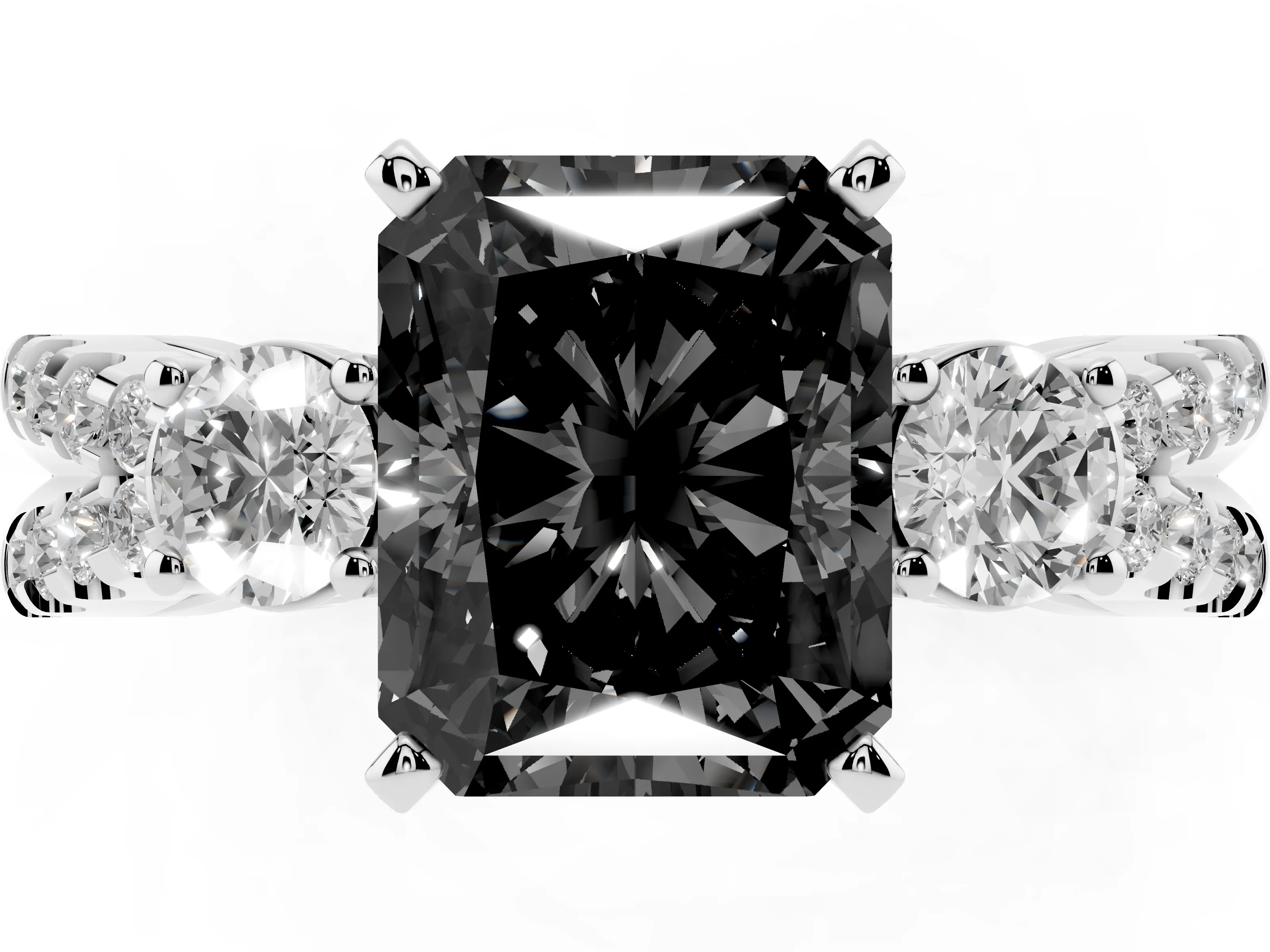 Fancy Black Radiant Cut Diamond Three-Stone Ring Set in Silver with Pavé Split Shank and Prong Setting