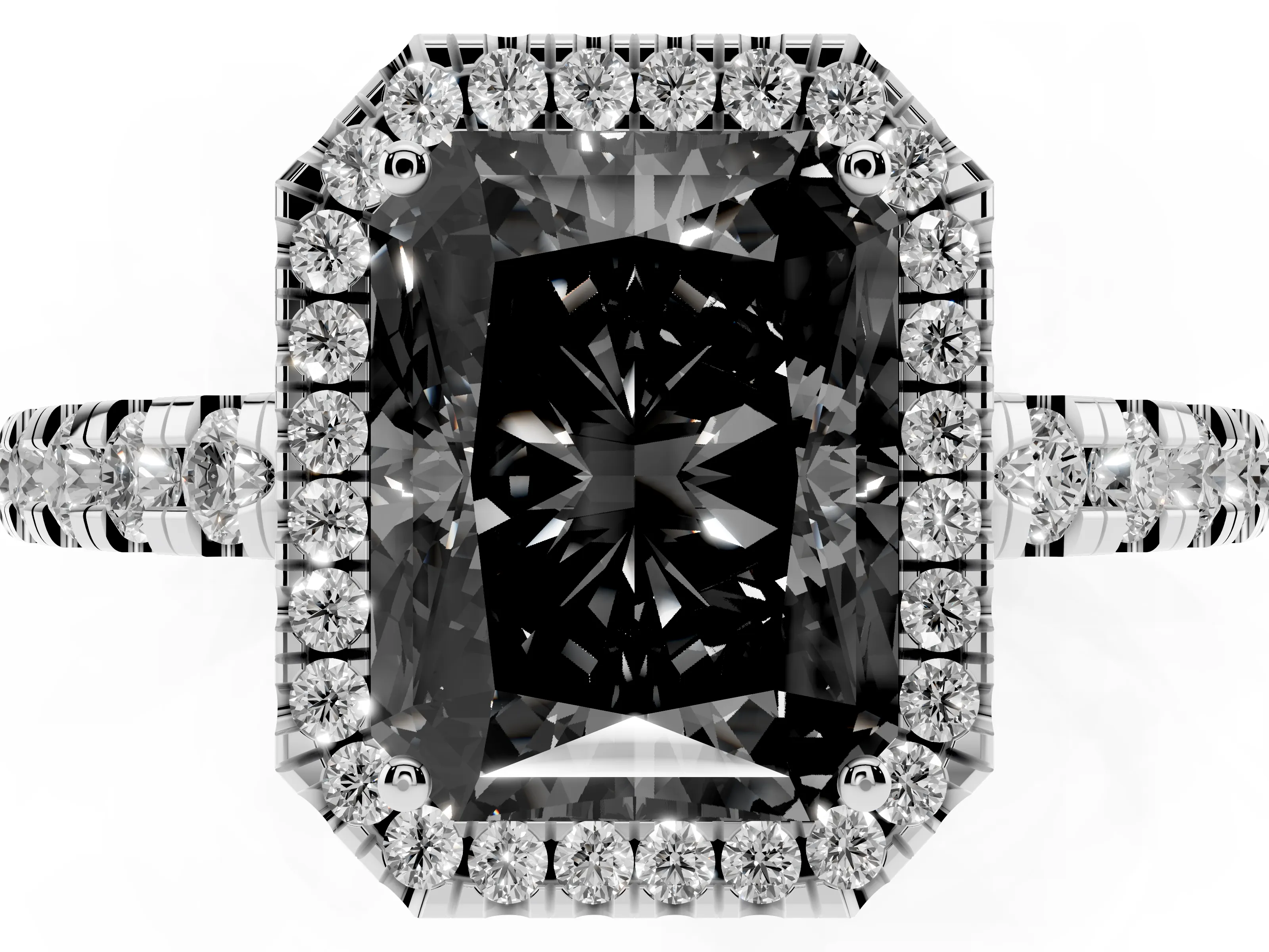 Fancy Black Radiant Cut Diamond Halo Ring Set in Platinum with Delicate Pavé Band and Prong Setting