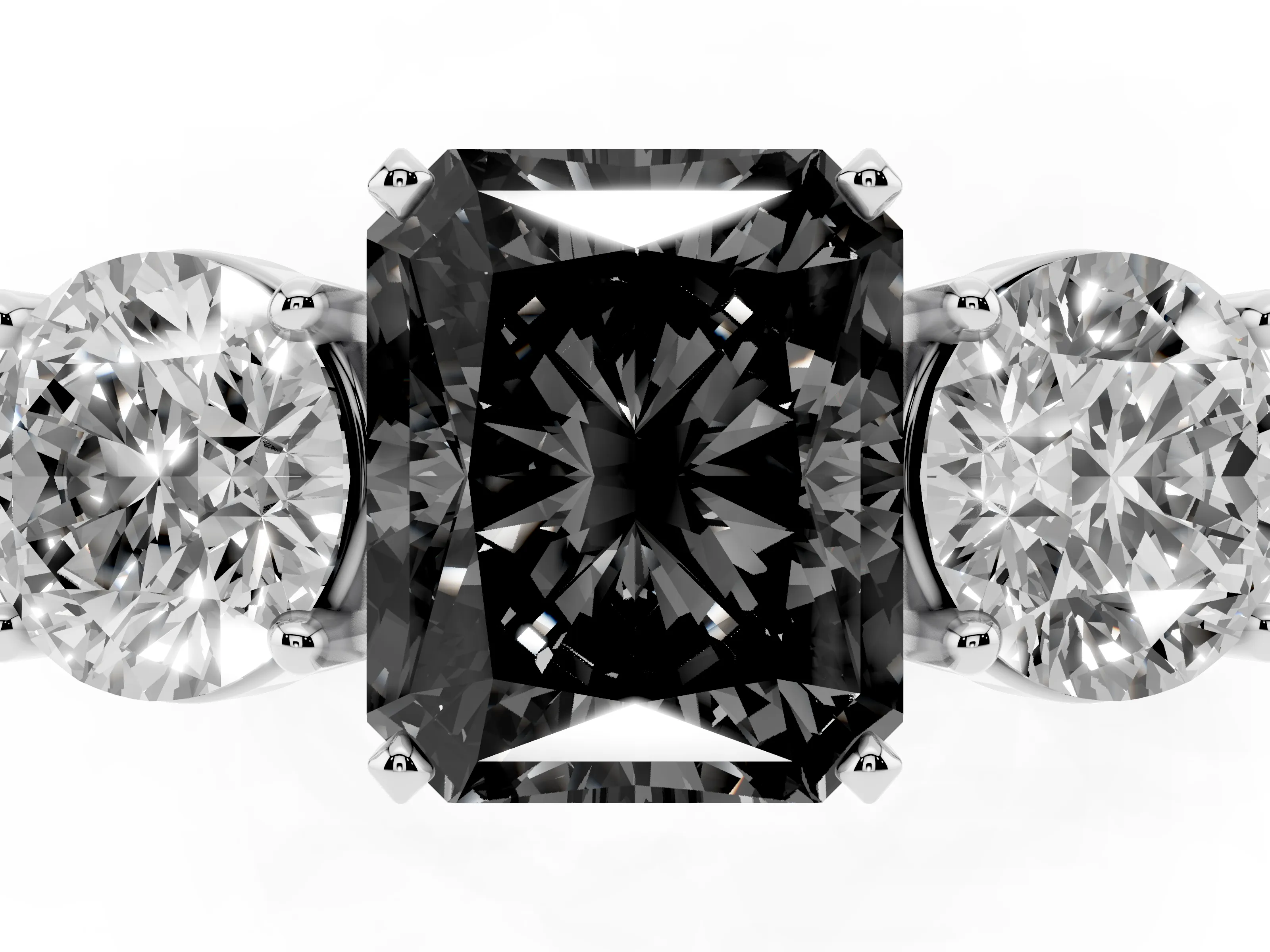 Fancy Black Radiant Cut Diamond Three-Stone Ring Set in Silver with Round Side Stones and Classic Band