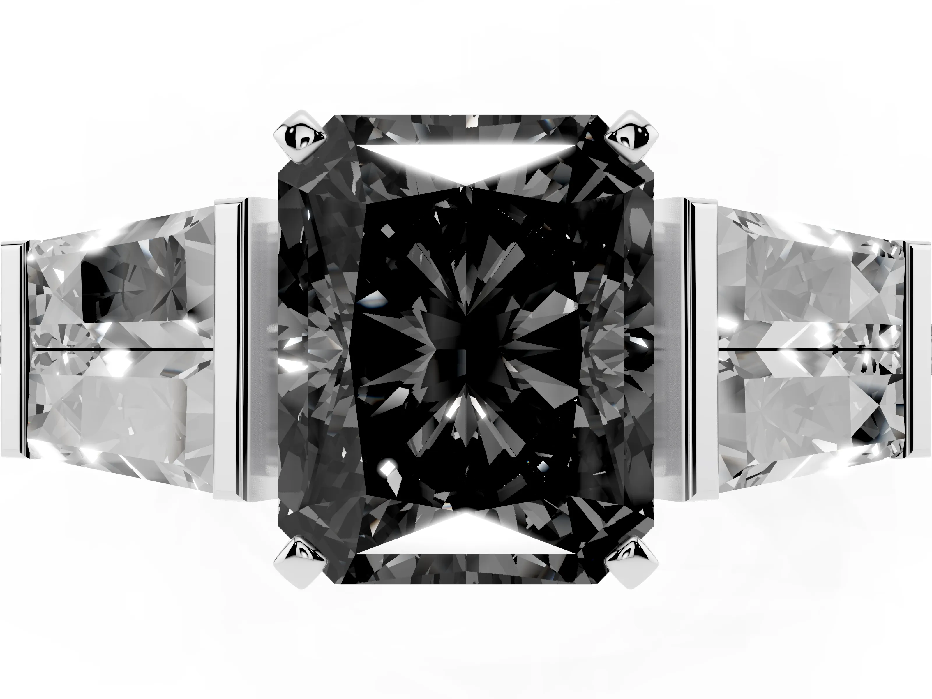 Fancy Black Radiant Cut Diamond Engagement Ring Set in Silver with Baguette Side Stones and Channel Set Band