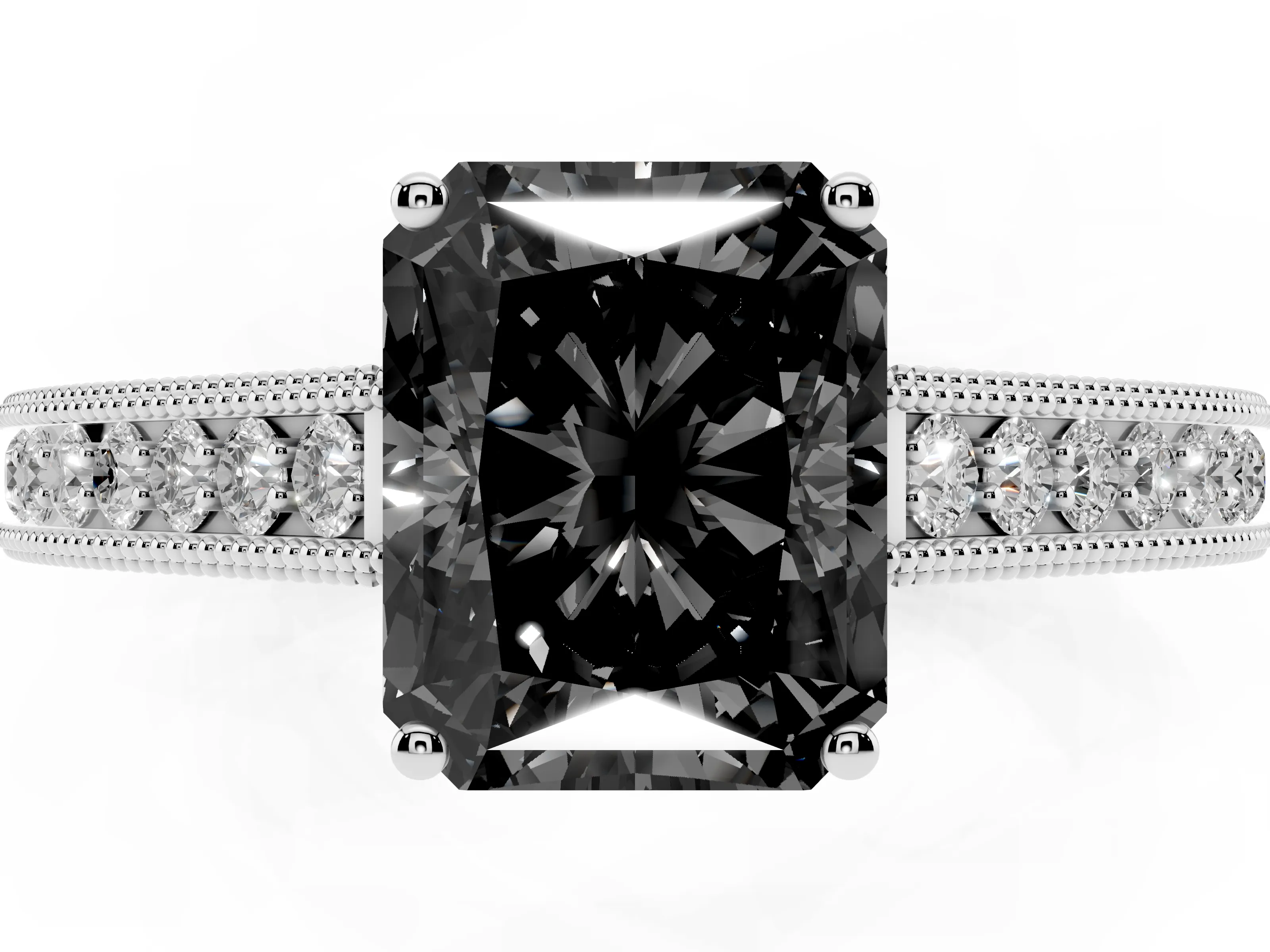 Fancy Black Radiant Cut Diamond Milgrain Pavé Band Solitaire Ring Set in Silver with Prong Setting