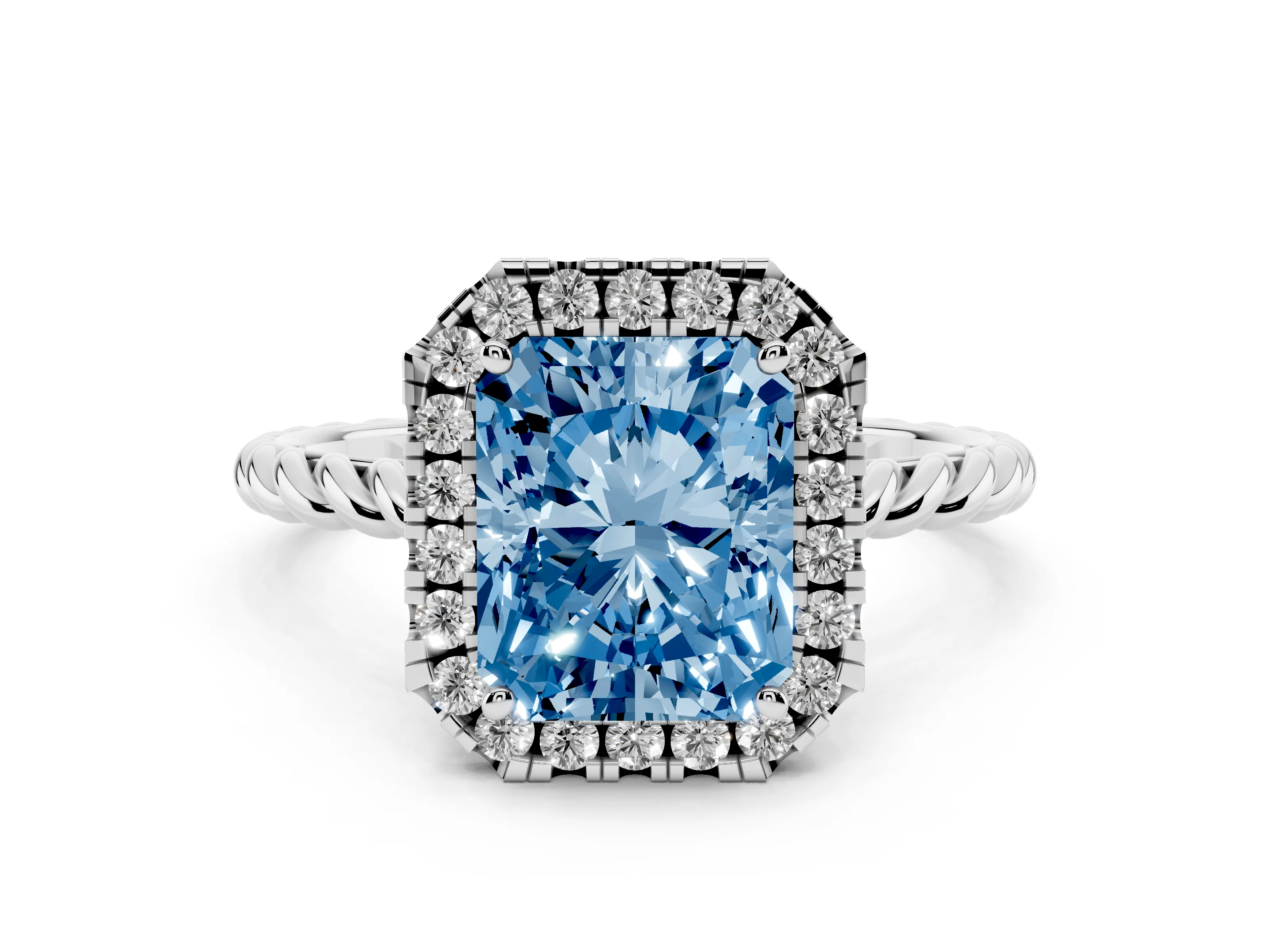 Fancy Blue Radiant Cut Diamond Halo Ring Set in Platinum with Plain Twisted Band