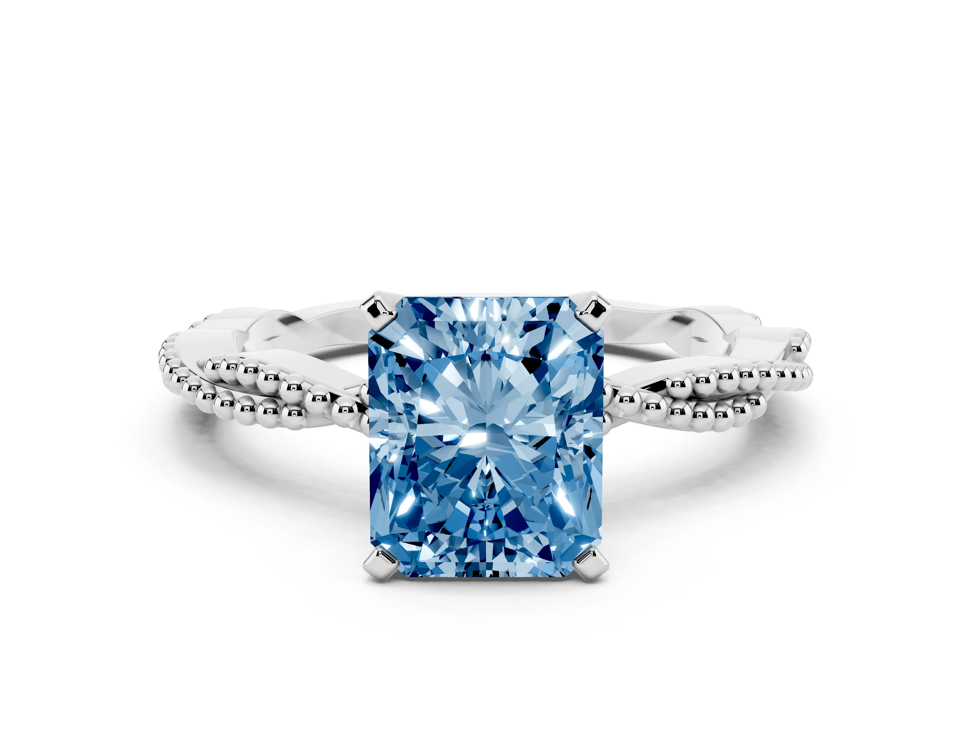 Fancy Blue Radiant Cut Diamond Solitaire Ring Set in Silver with Twisted Band and Bead Prong Setting