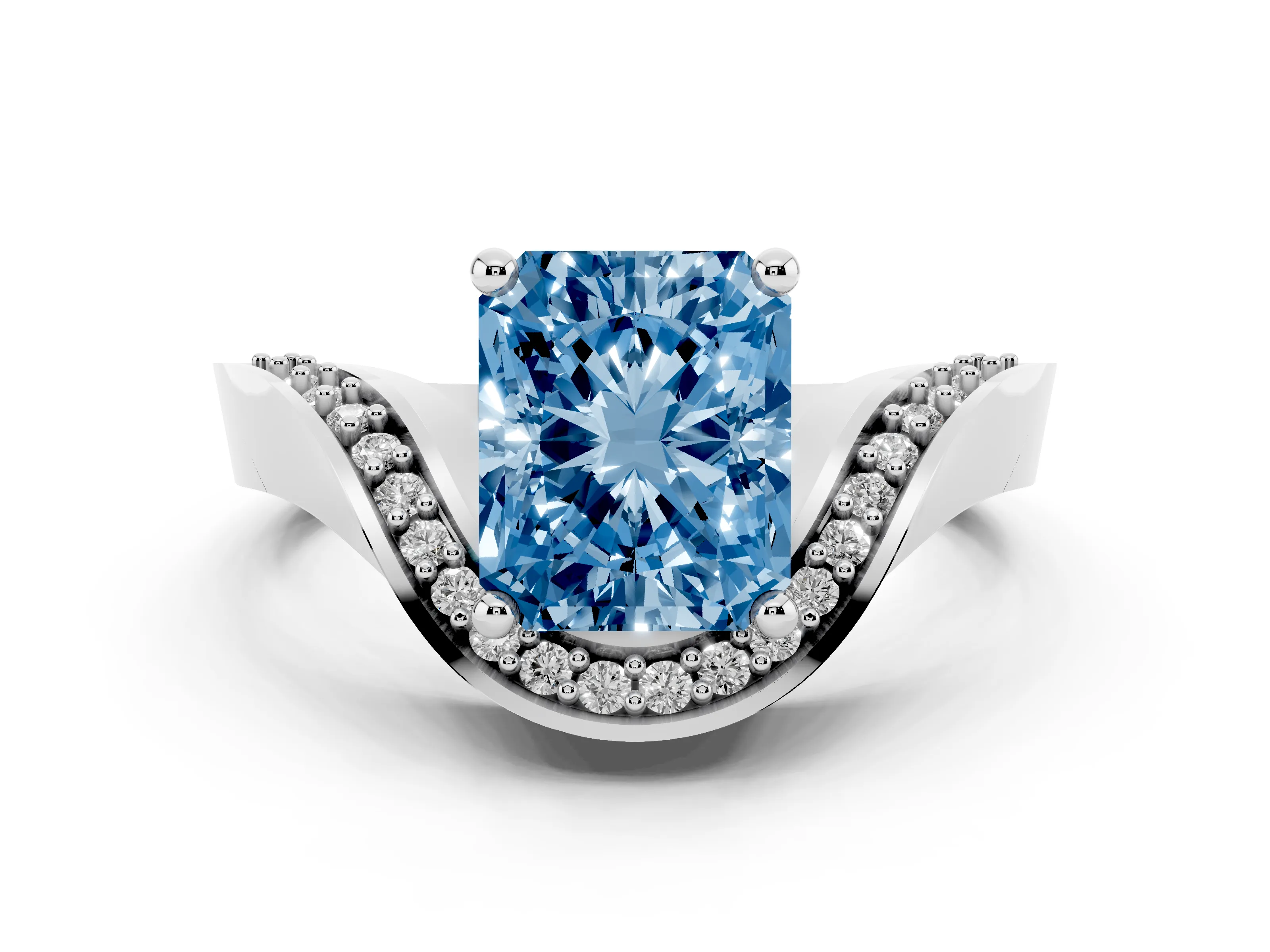 Fancy Blue Radiant Cut Diamond Solitaire Engagement Ring Set in Platinum with Pavé Shoulders