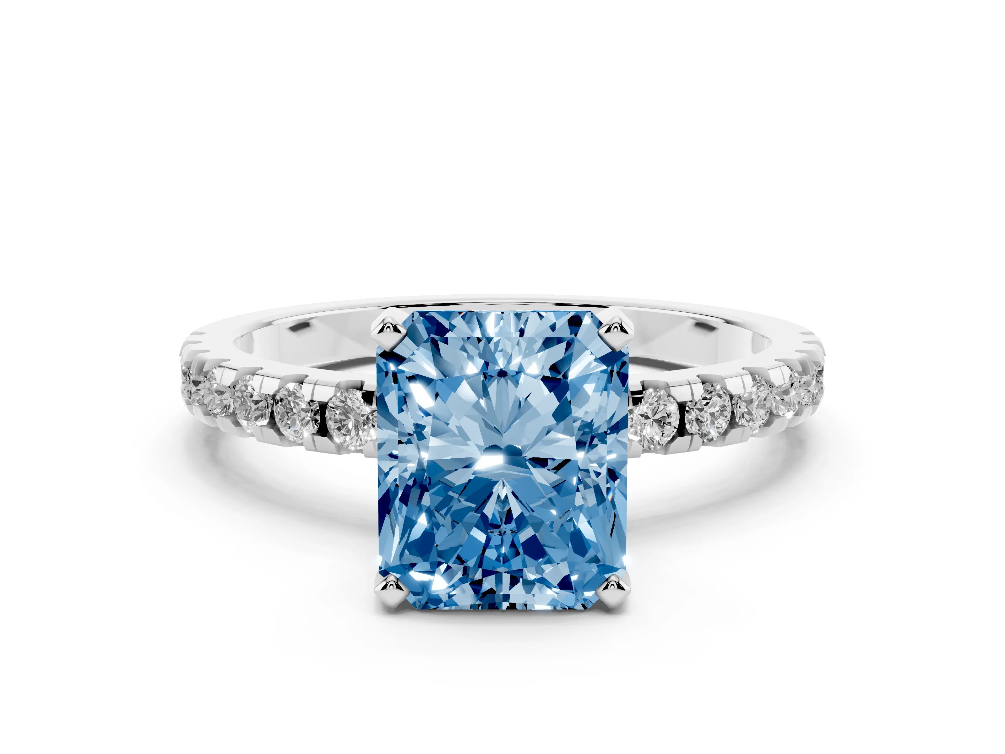 Fancy Blue Radiant Cut Diamond Pavé Solitaire Ring Set in White gold with Round Band Accents and Prong Setting