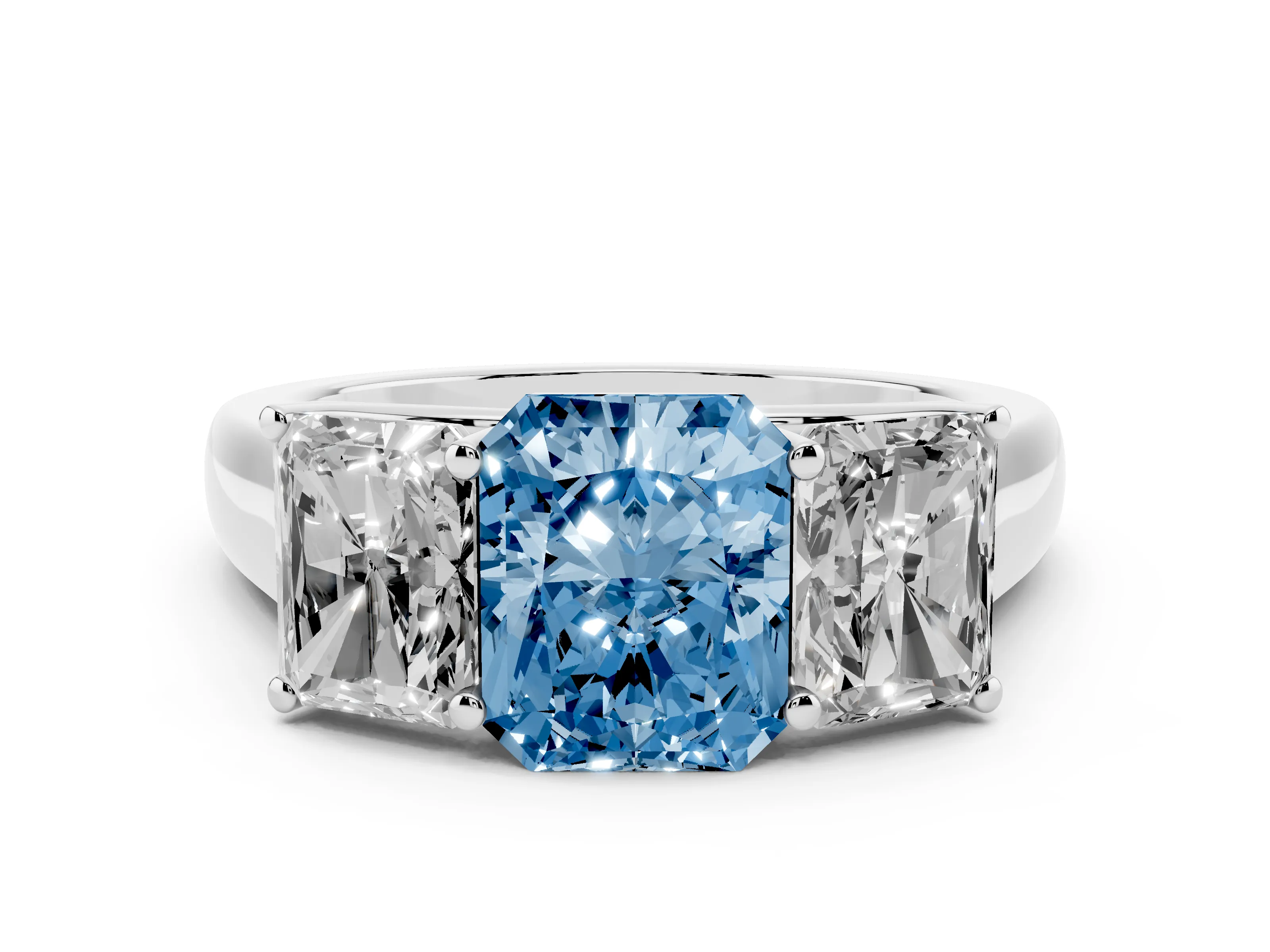 Fancy Blue Radiant Cut Diamond Three-Stone Ring Set in White gold with Plain Polished Band