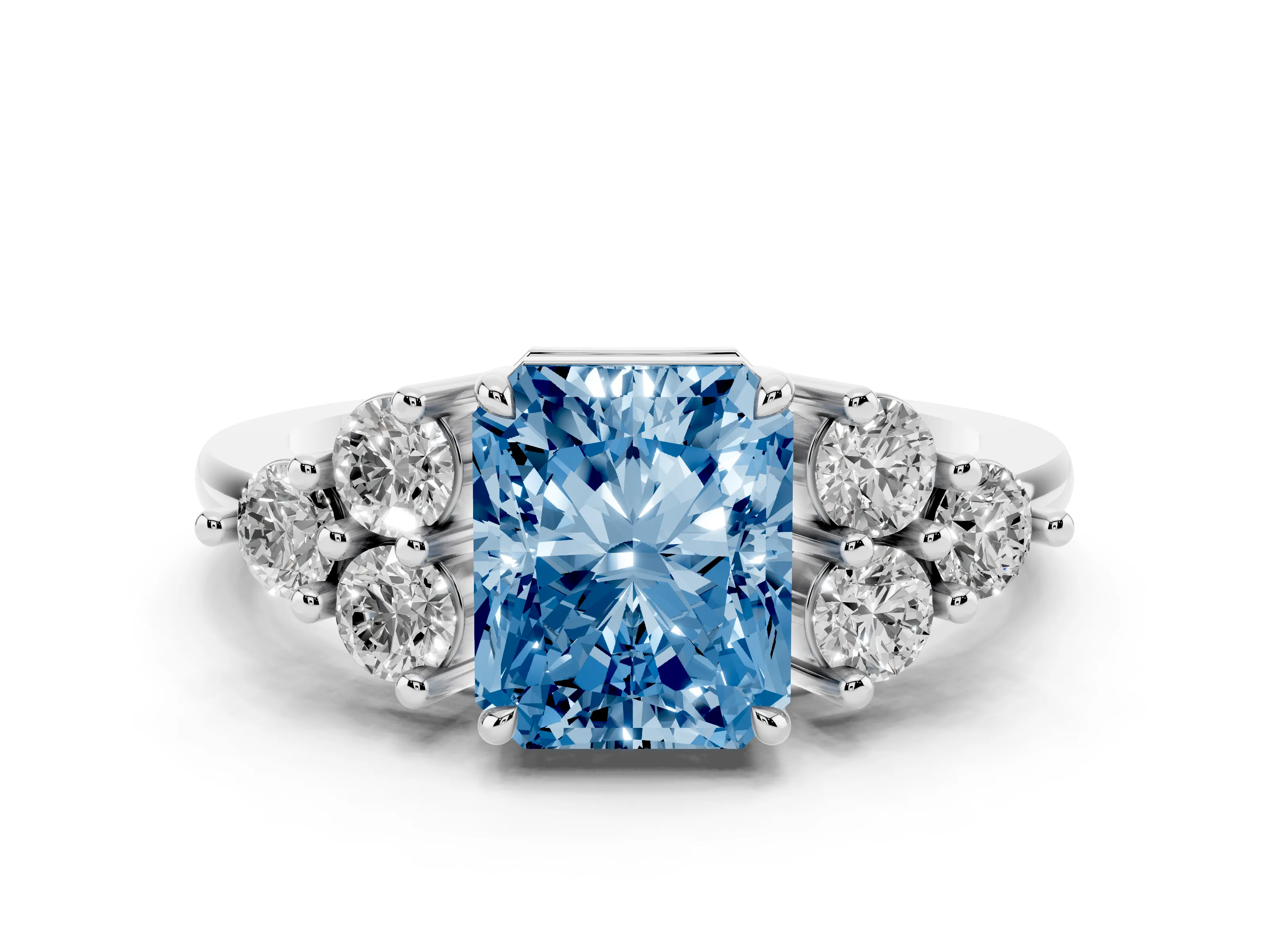 Fancy Blue Radiant Cut Diamond Solitaire Ring Set in White gold with Cluster Accents on Each Side
