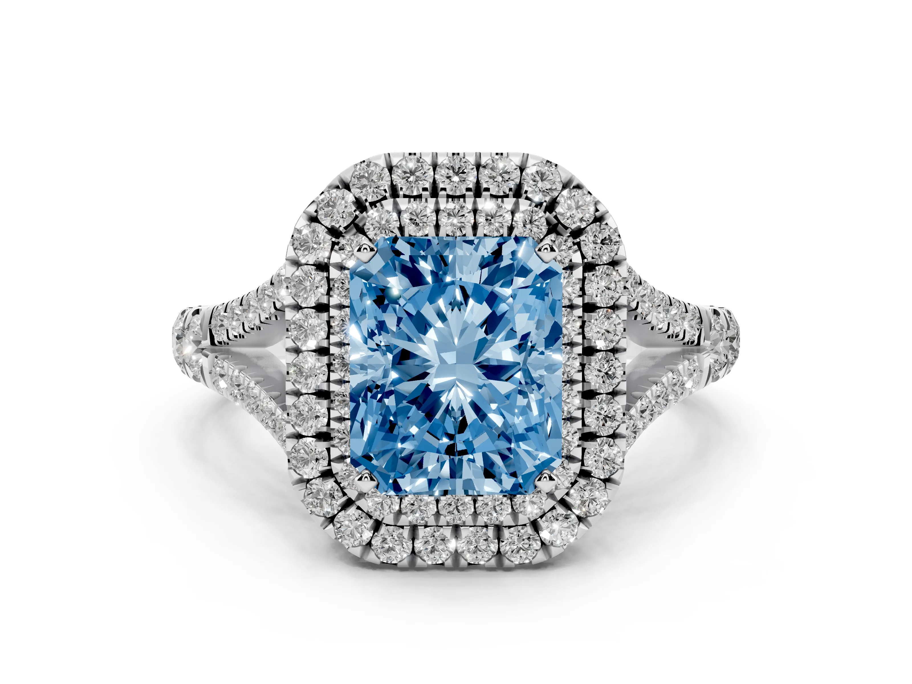 Fancy Blue Radiant Cut Diamond Pavé Split Shank Double Halo Engagement Ring Set in Silver