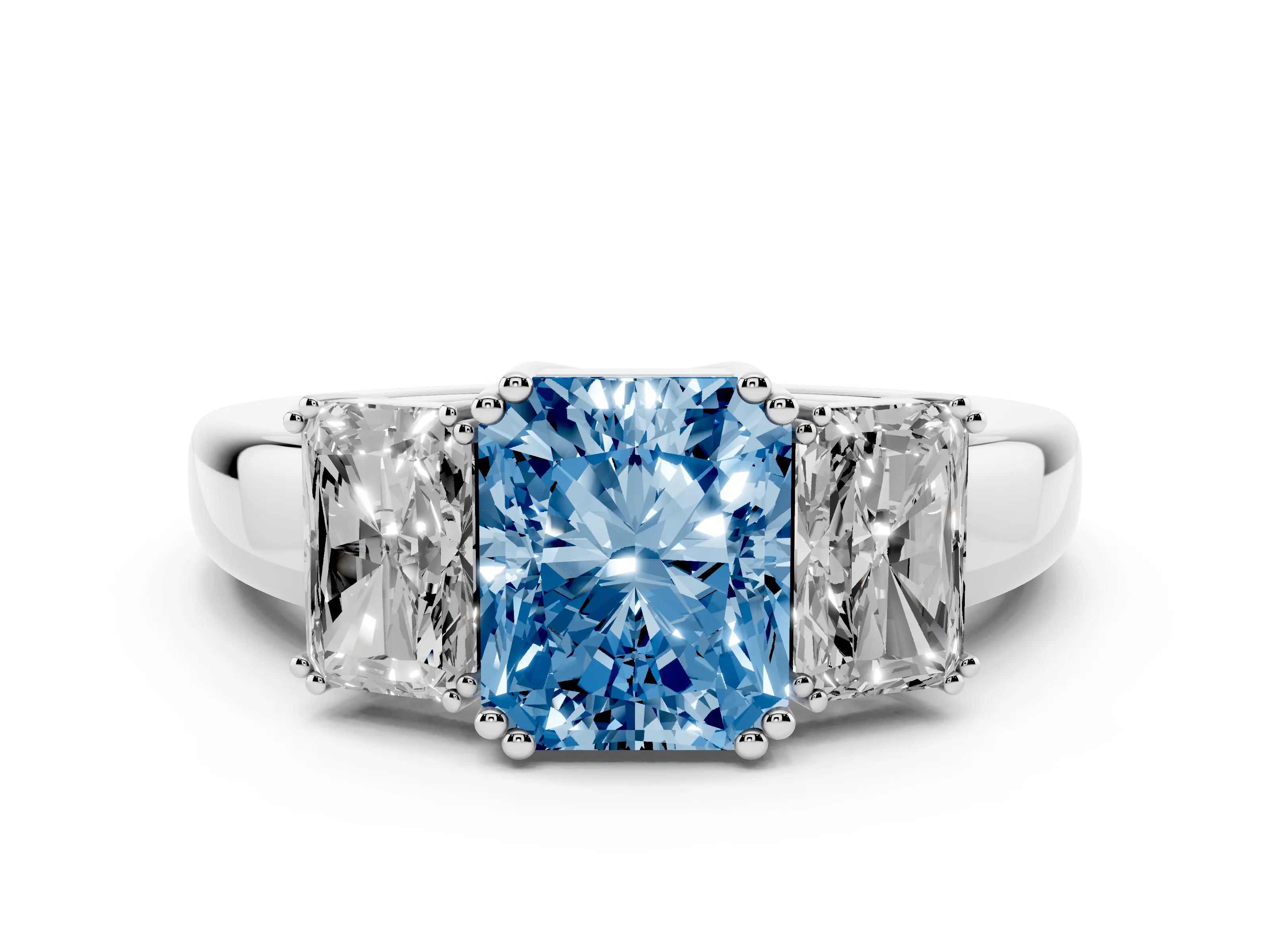 Fancy Blue Radiant Cut Diamond Three-Stone Ring Set in White gold with Polished Channel-Set Band