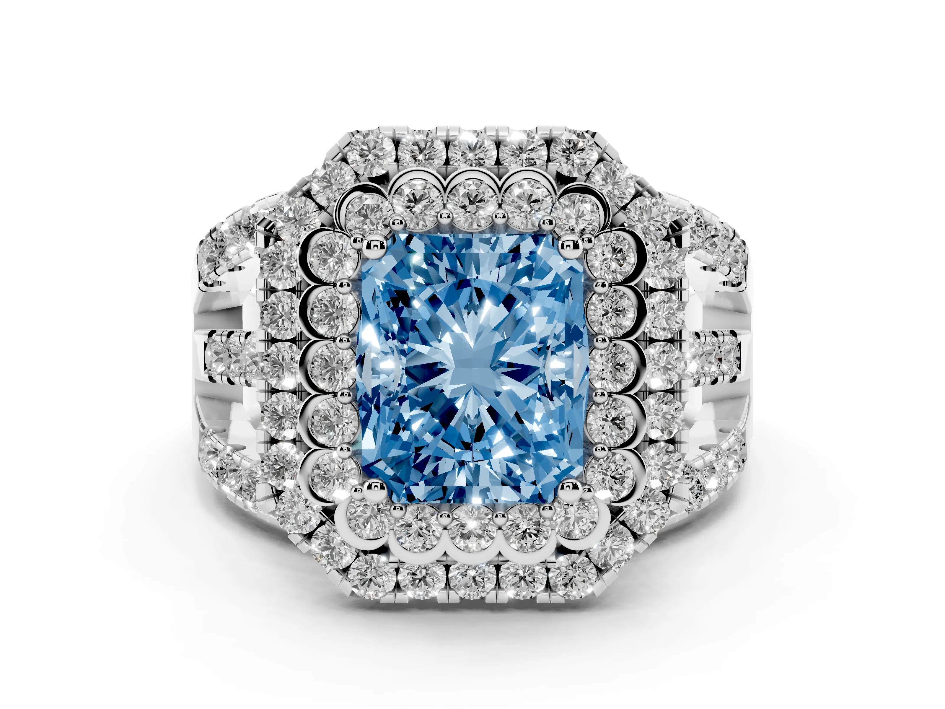 Fancy Blue Radiant Cut Diamond Double Halo Ring Set in White gold with Round Pavé Split Shank