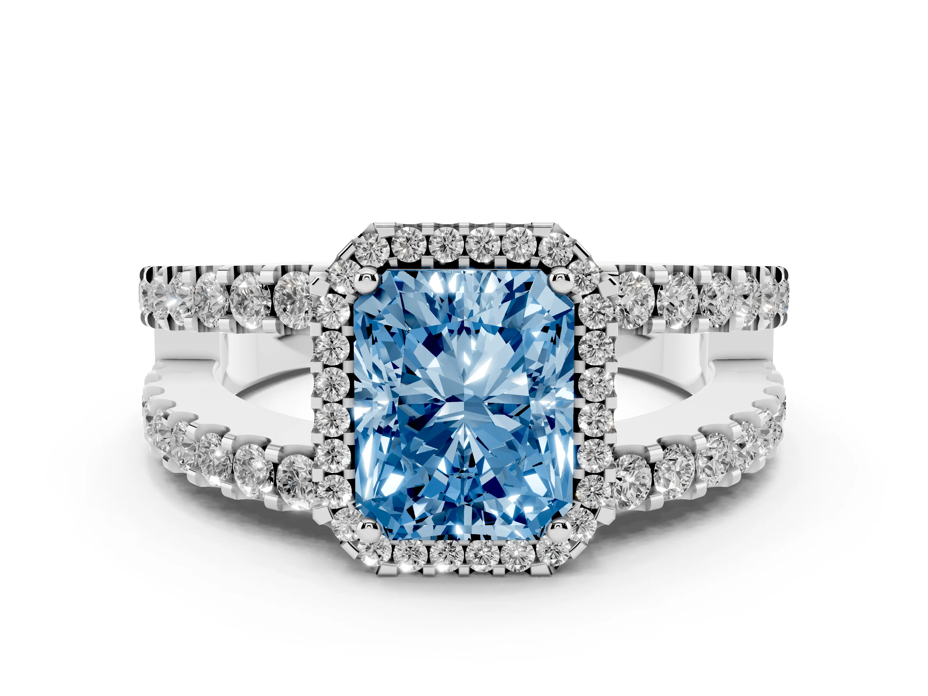 Fancy Blue Radiant Cut Diamond Halo Ring Set in Silver with Pavé Split Shank and Prong Setting