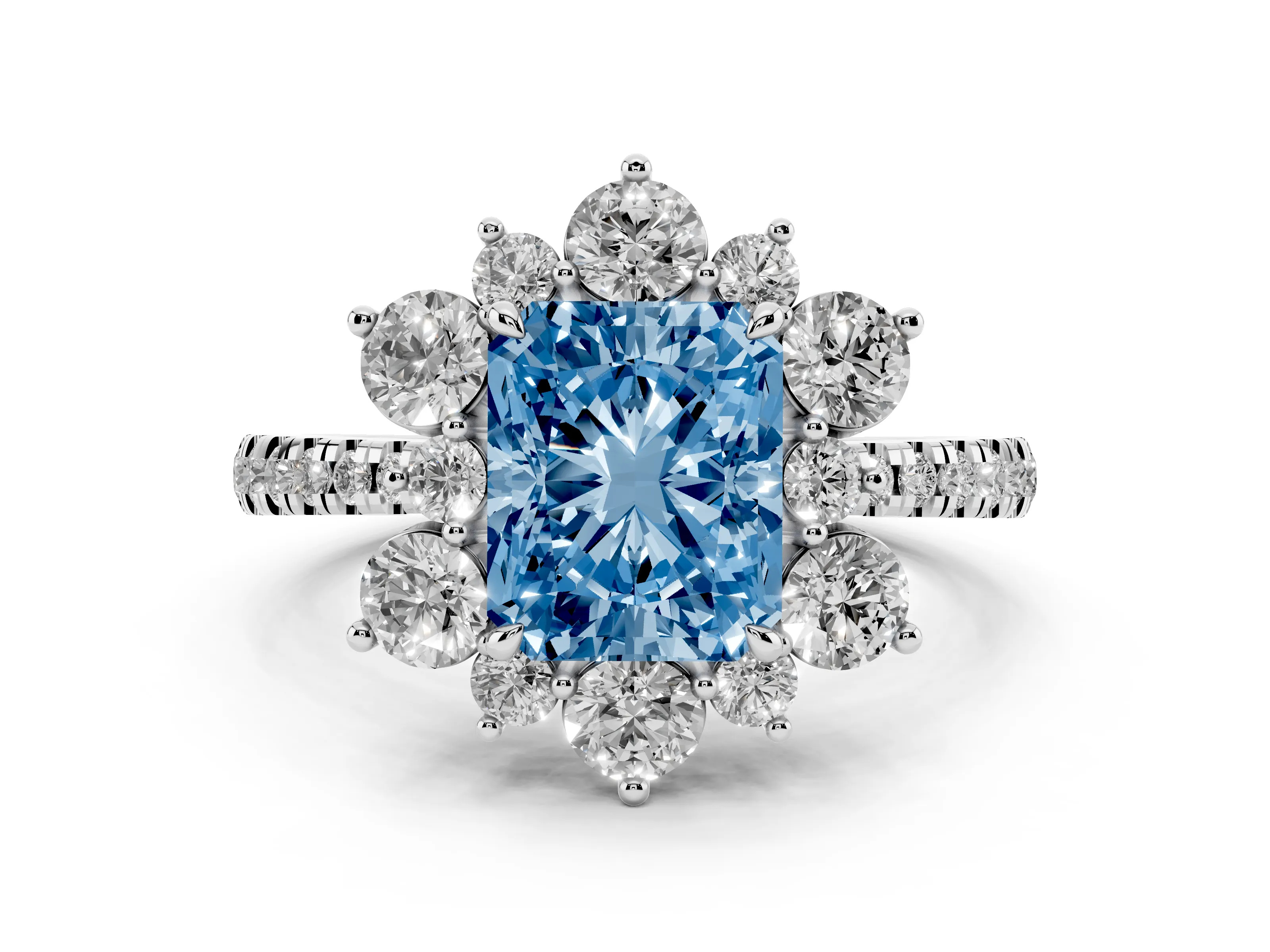 Fancy Blue Radiant Cut Diamond Floral Halo Ring Set in Platinum with Round Pavé Band and Prong Setting