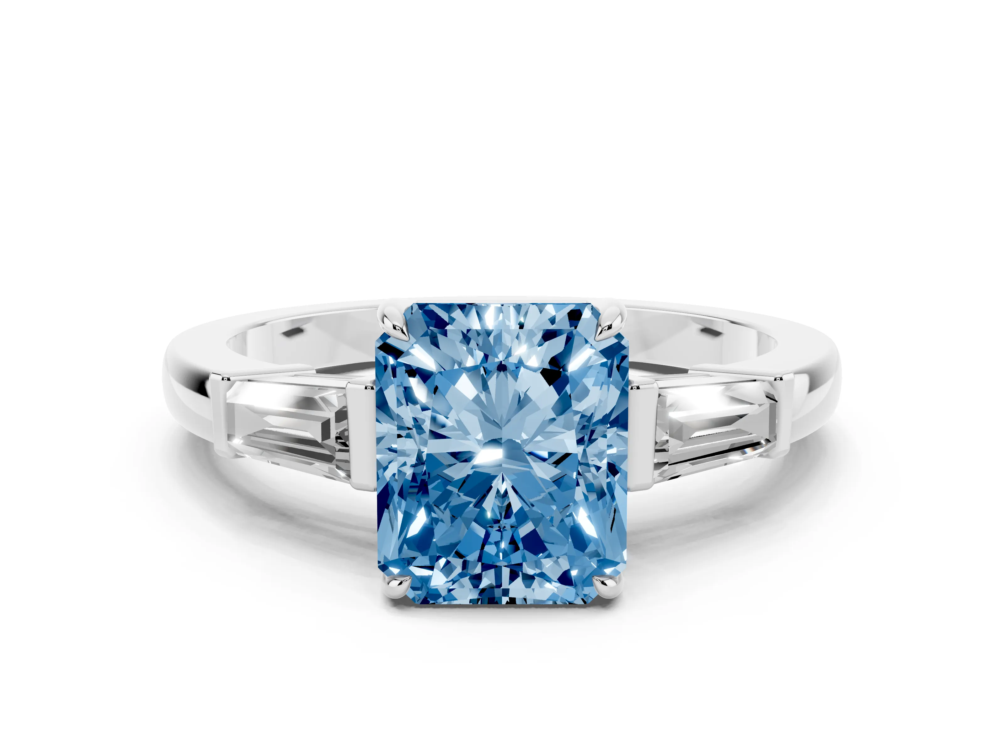Fancy Blue Radiant Cut Diamond Three-Stone Ring Set in Platinum with Tapered Baguette Side Stones and Prong Setting